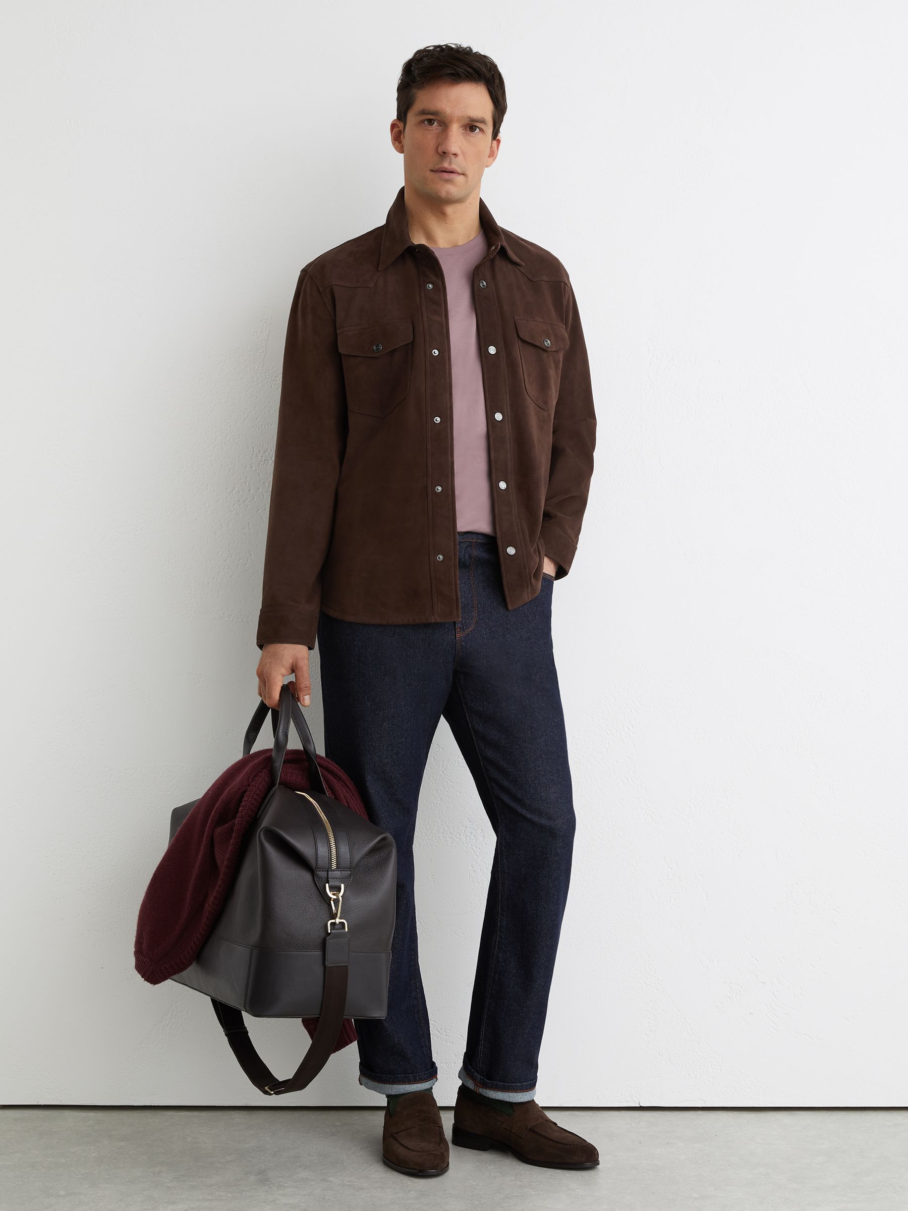Suede Twin-Pocket Trucker Jacket in Chocolate Brown - Image 3 of 7