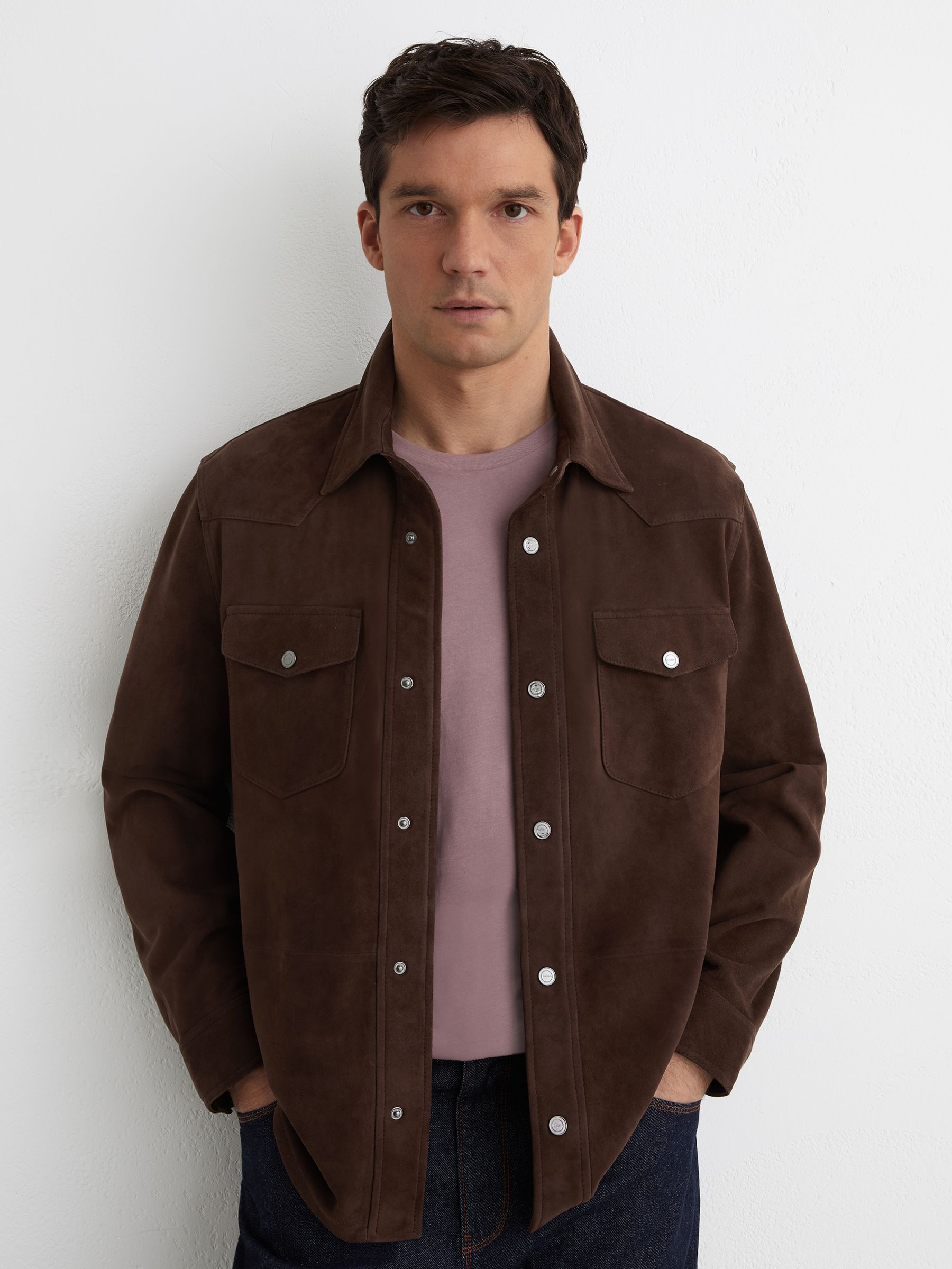 Suede Twin-Pocket Trucker Jacket in Chocolate Brown - Image 6 of 7