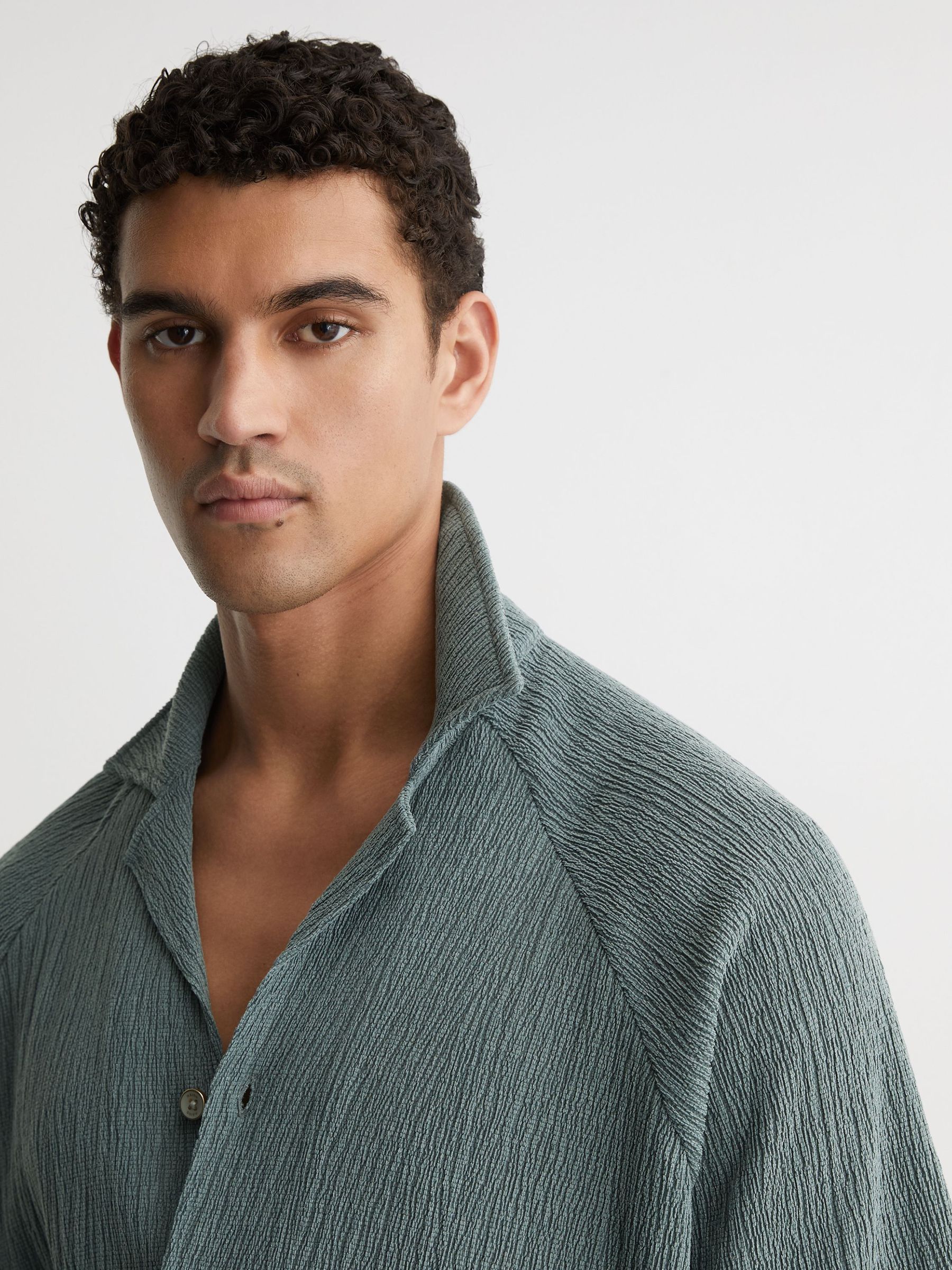 Textured Raglan Cuban-Collar Shirt in Dark Sage - Image 1 of 6