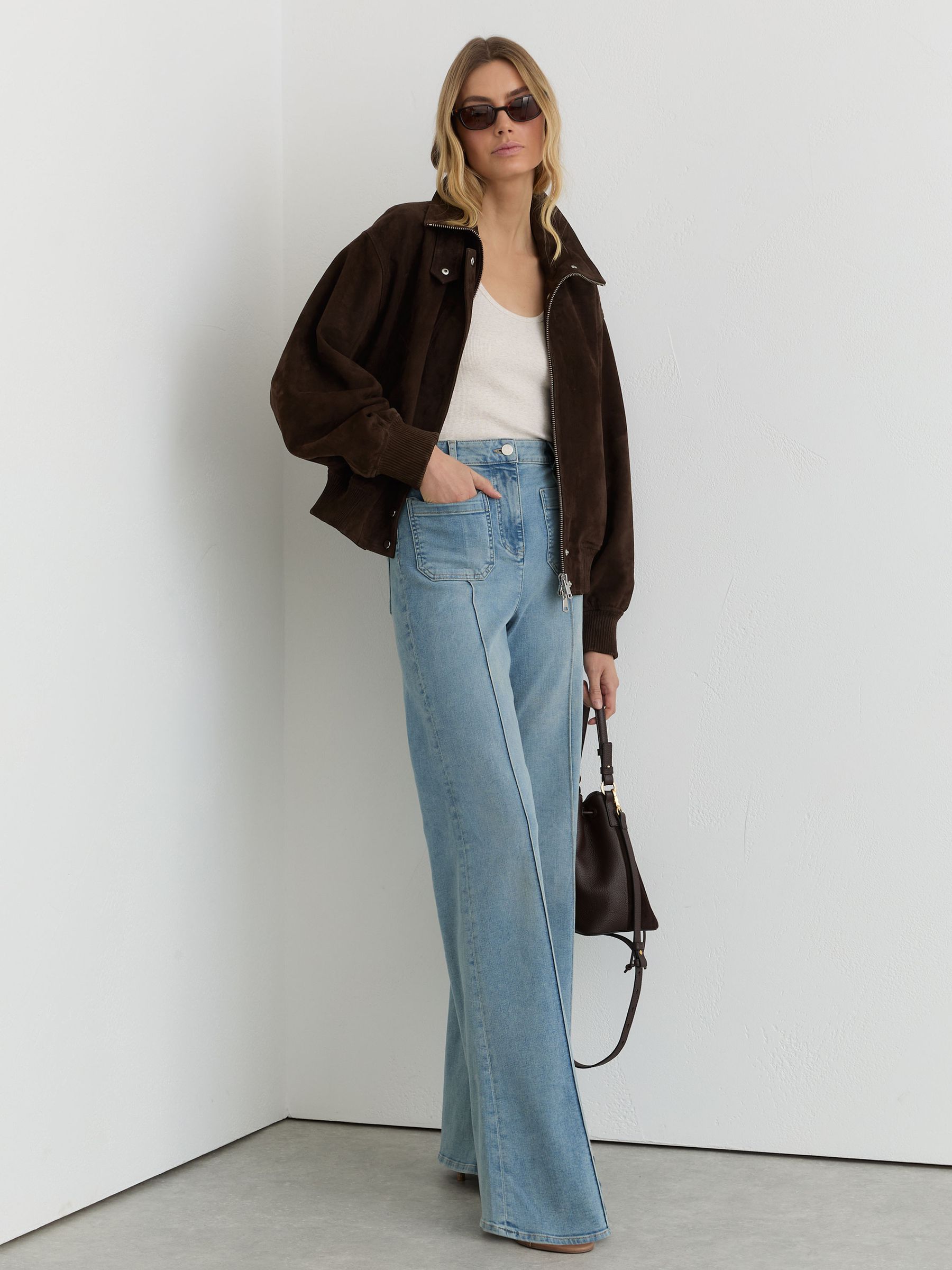 Petite Suede Funnel-Neck Bomber Jacket in Chocolate Brown - Image 1 of 6