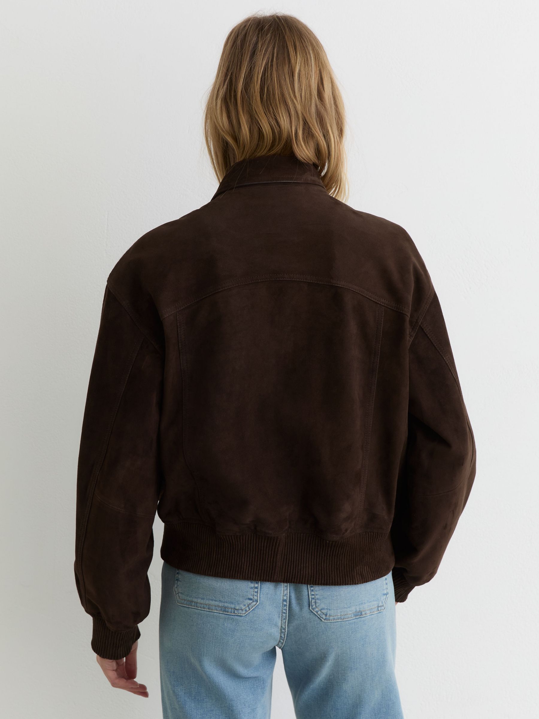Petite Suede Funnel-Neck Bomber Jacket in Chocolate Brown - image 4