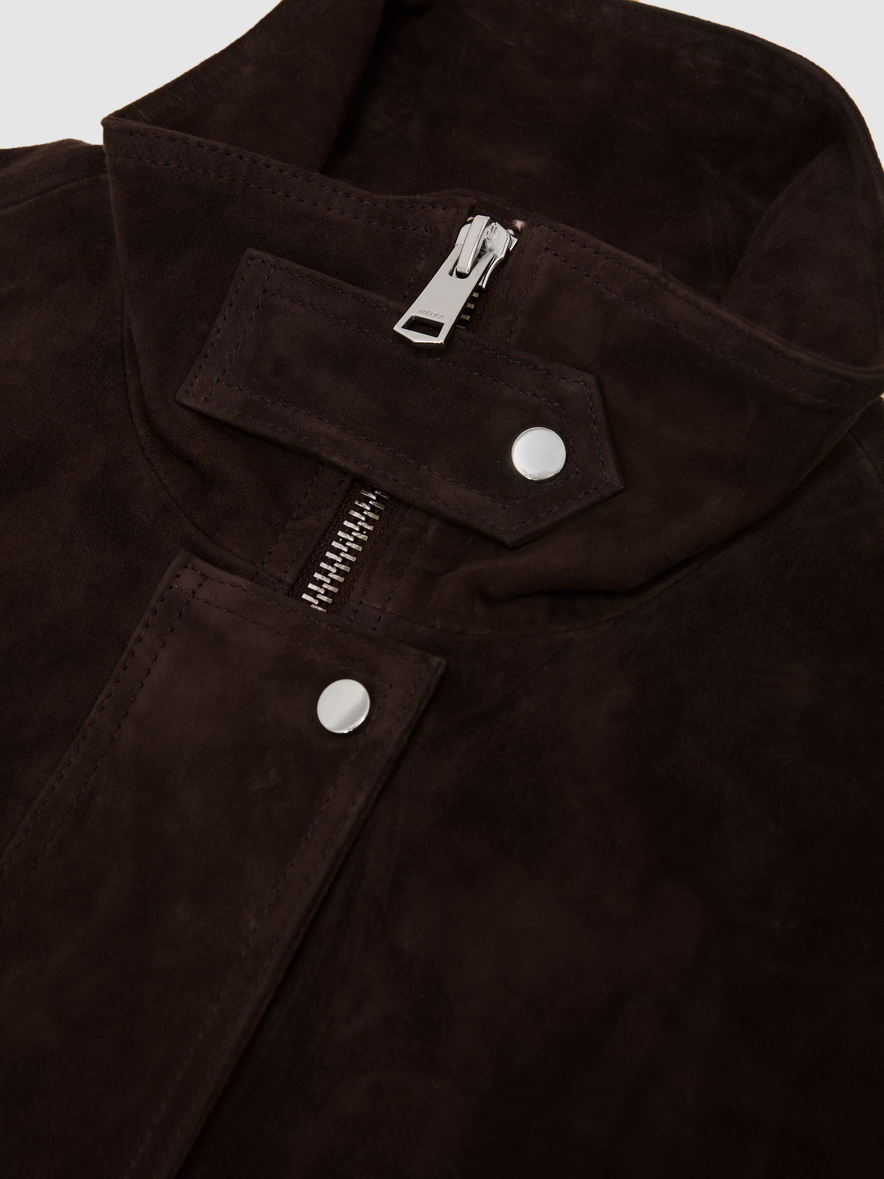 Petite Suede Funnel-Neck Bomber Jacket in Chocolate Brown - Image 6 of 6