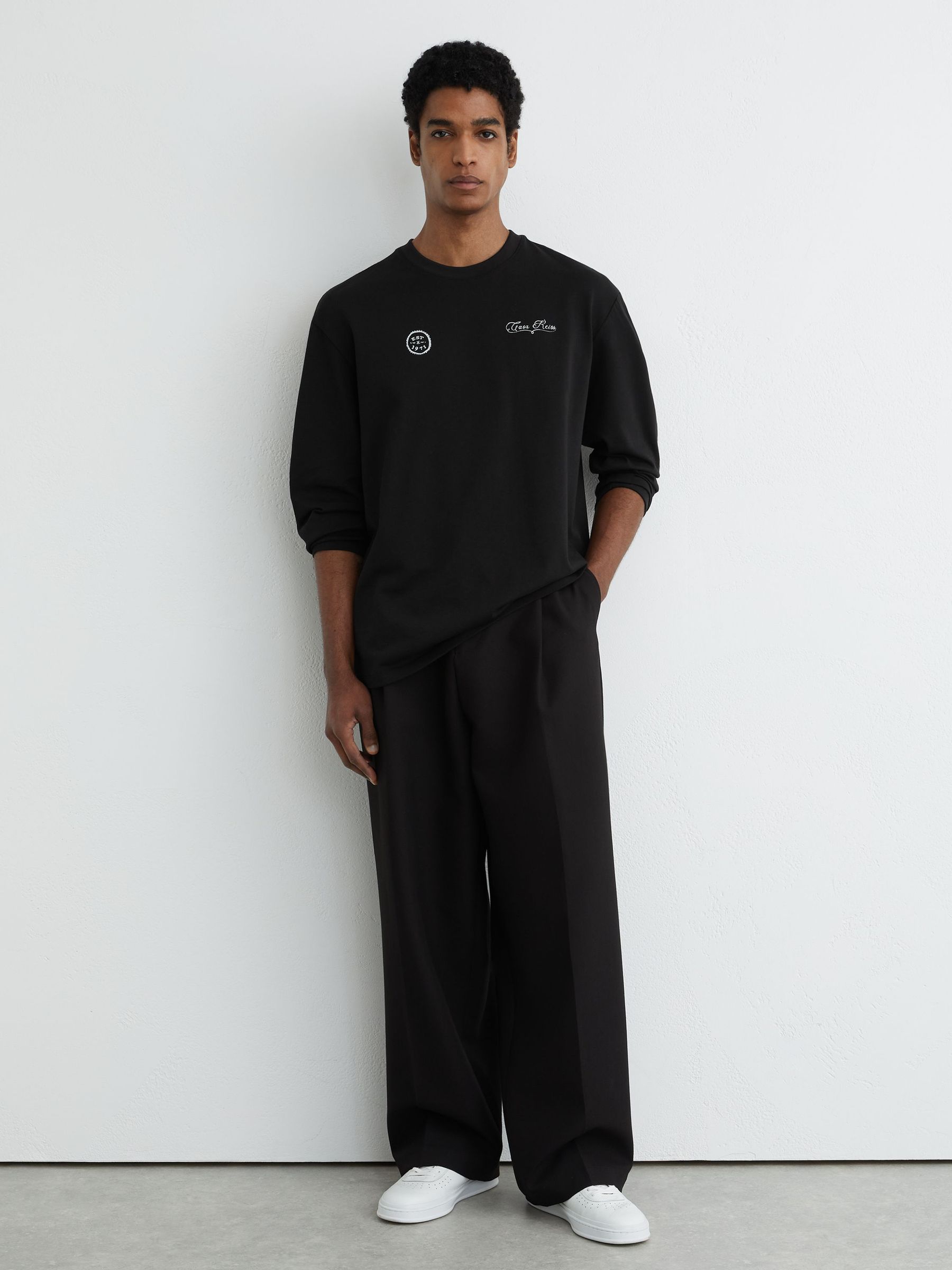 Cotton Motif Long-Sleeve Relaxed T-Shirt in Black - Image 1 of 6