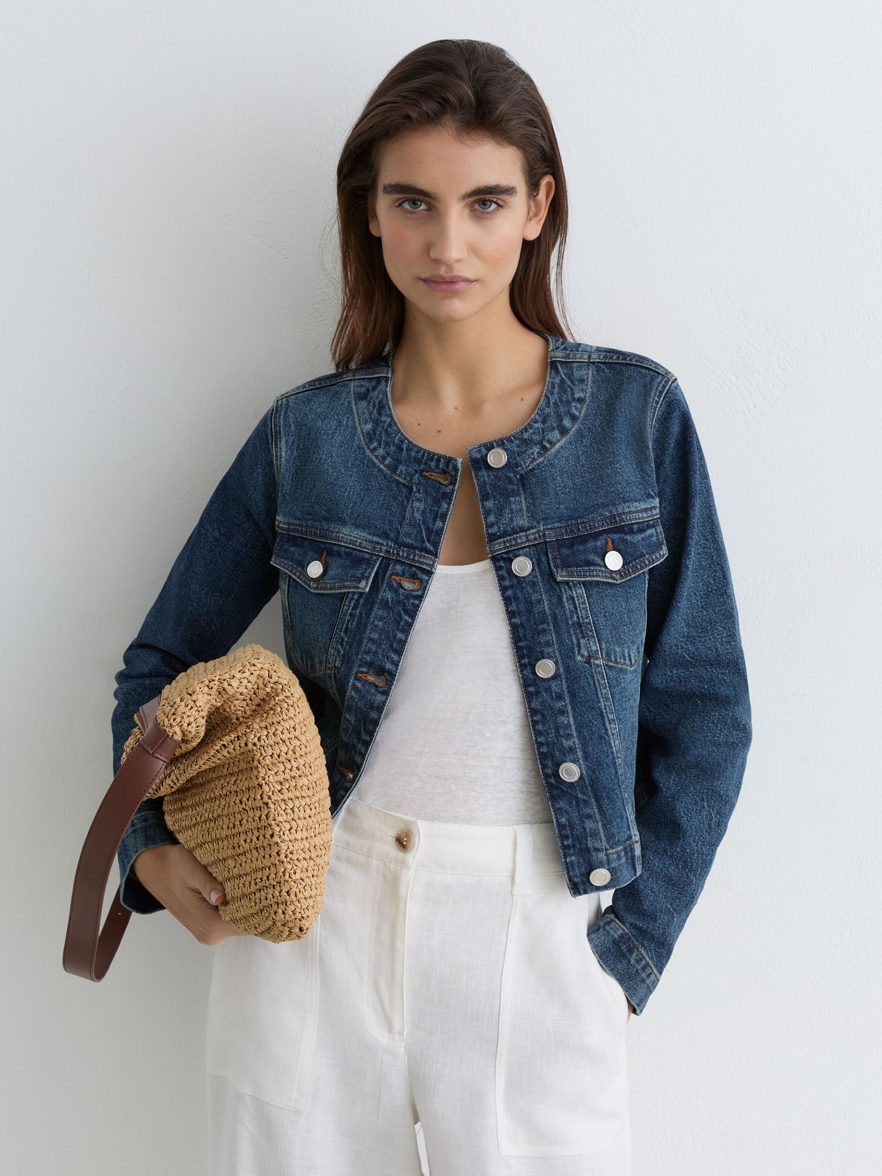 Collarless Cropped Jacket in Mid Blue - image 2