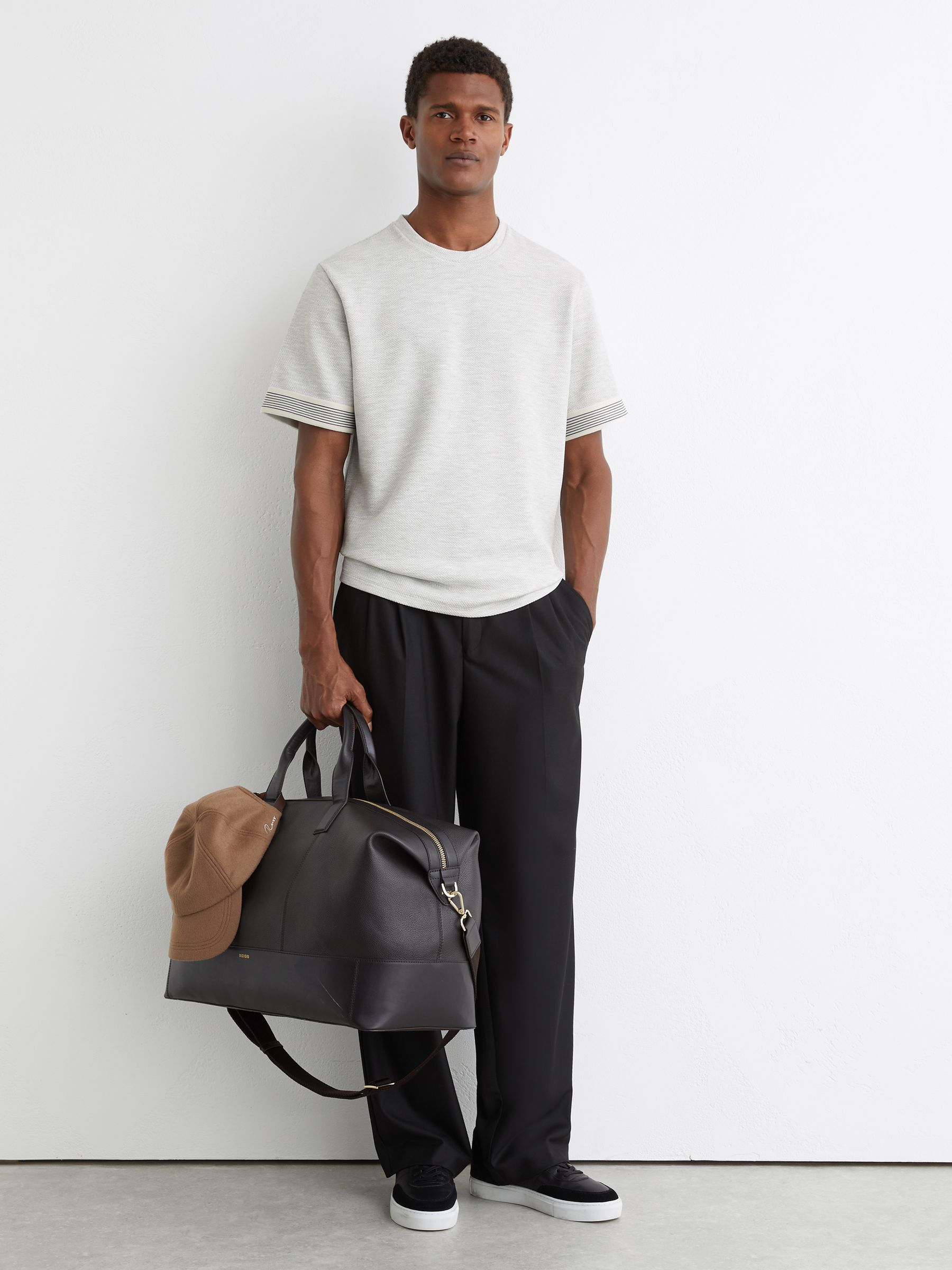 Textured Tape-Cuff T-Shirt in Grey Melange - Image 1 of 6