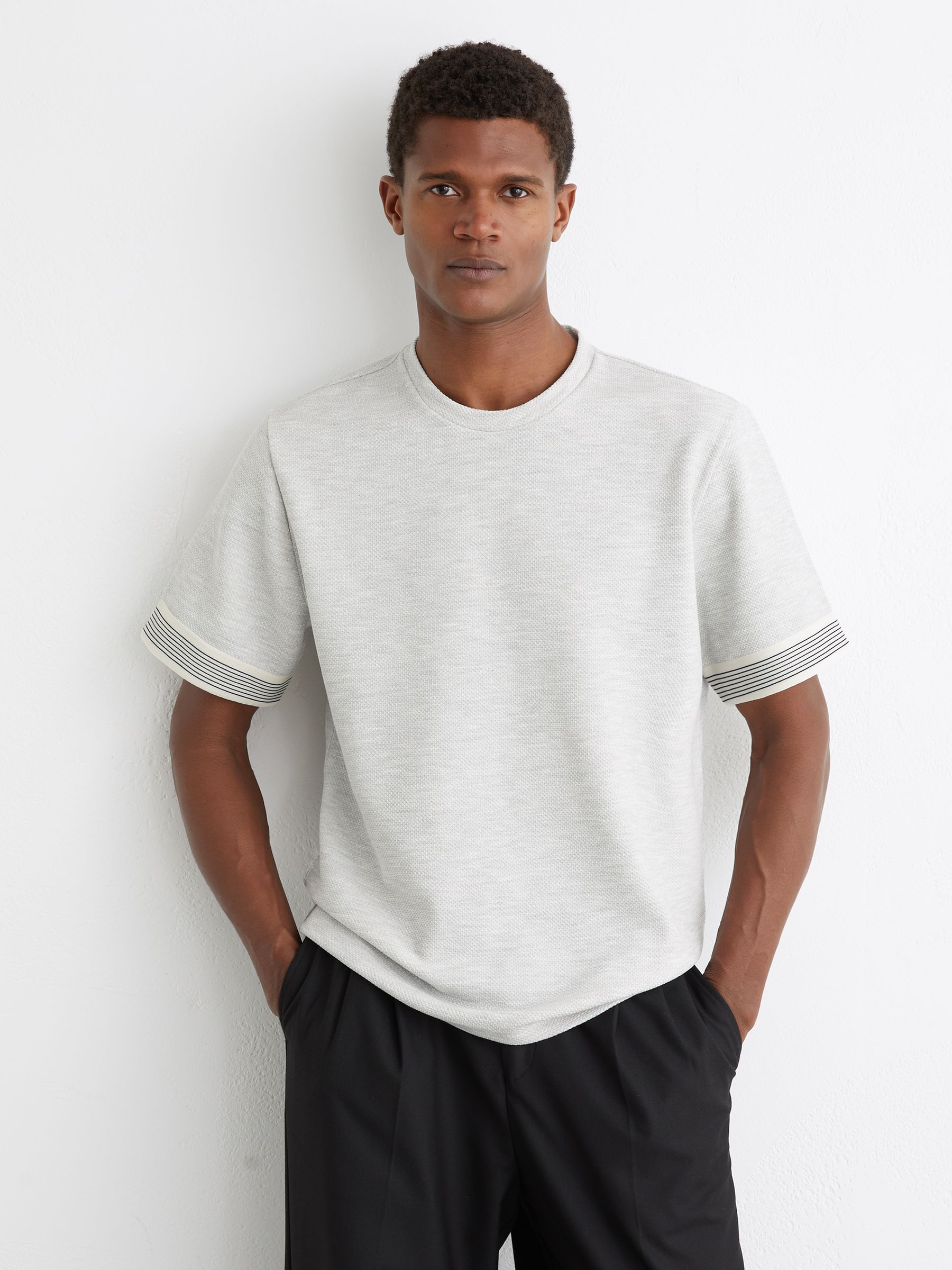 Textured Tape-Cuff T-Shirt in Grey Melange - Image 3 of 6