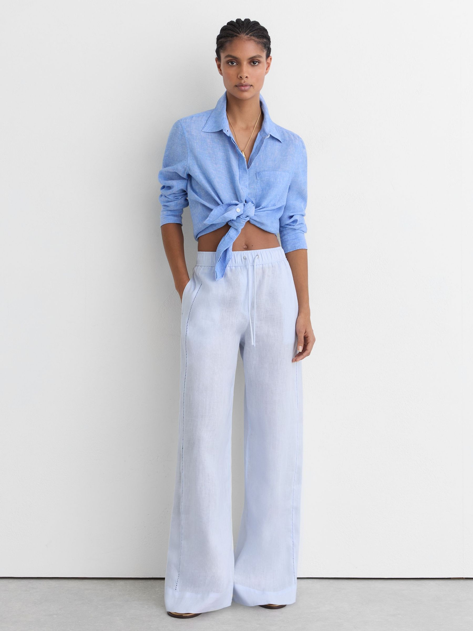 Petite Linen Ladder-Embroidery Wide-Leg Trousers in Silver Blue - Image 1 of 9