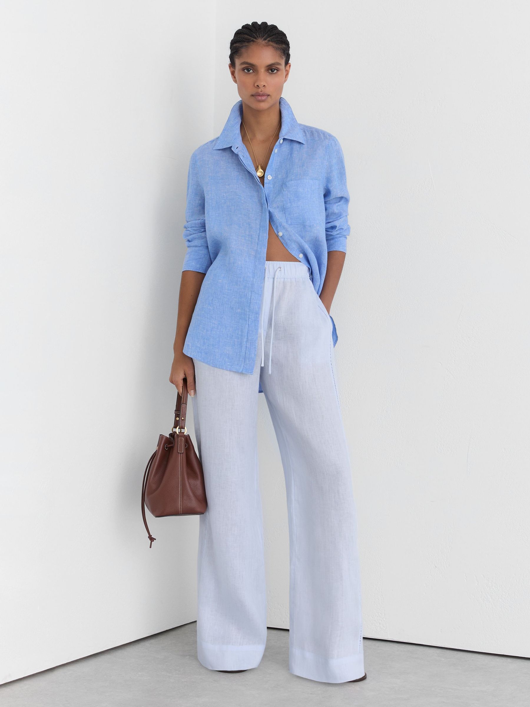 Petite Linen Ladder-Embroidery Wide-Leg Trousers in Silver Blue - Image 7 of 9