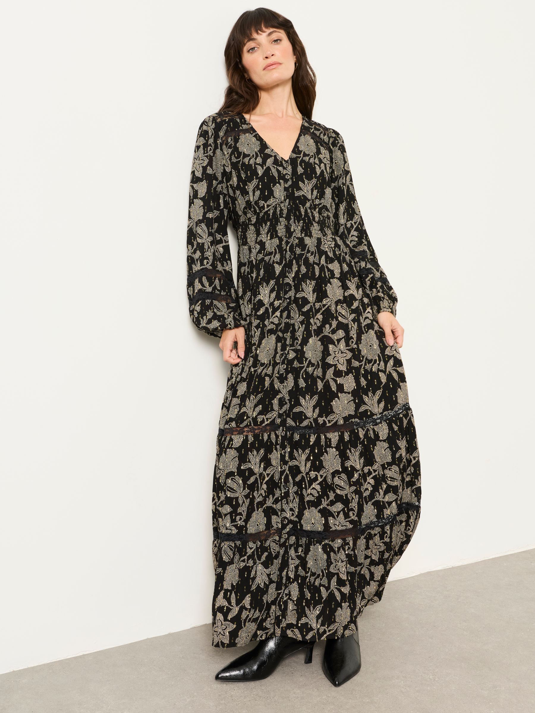 Eden Black Dot Floral Petite Jacquard Maxi Dress - Image 1 of 5