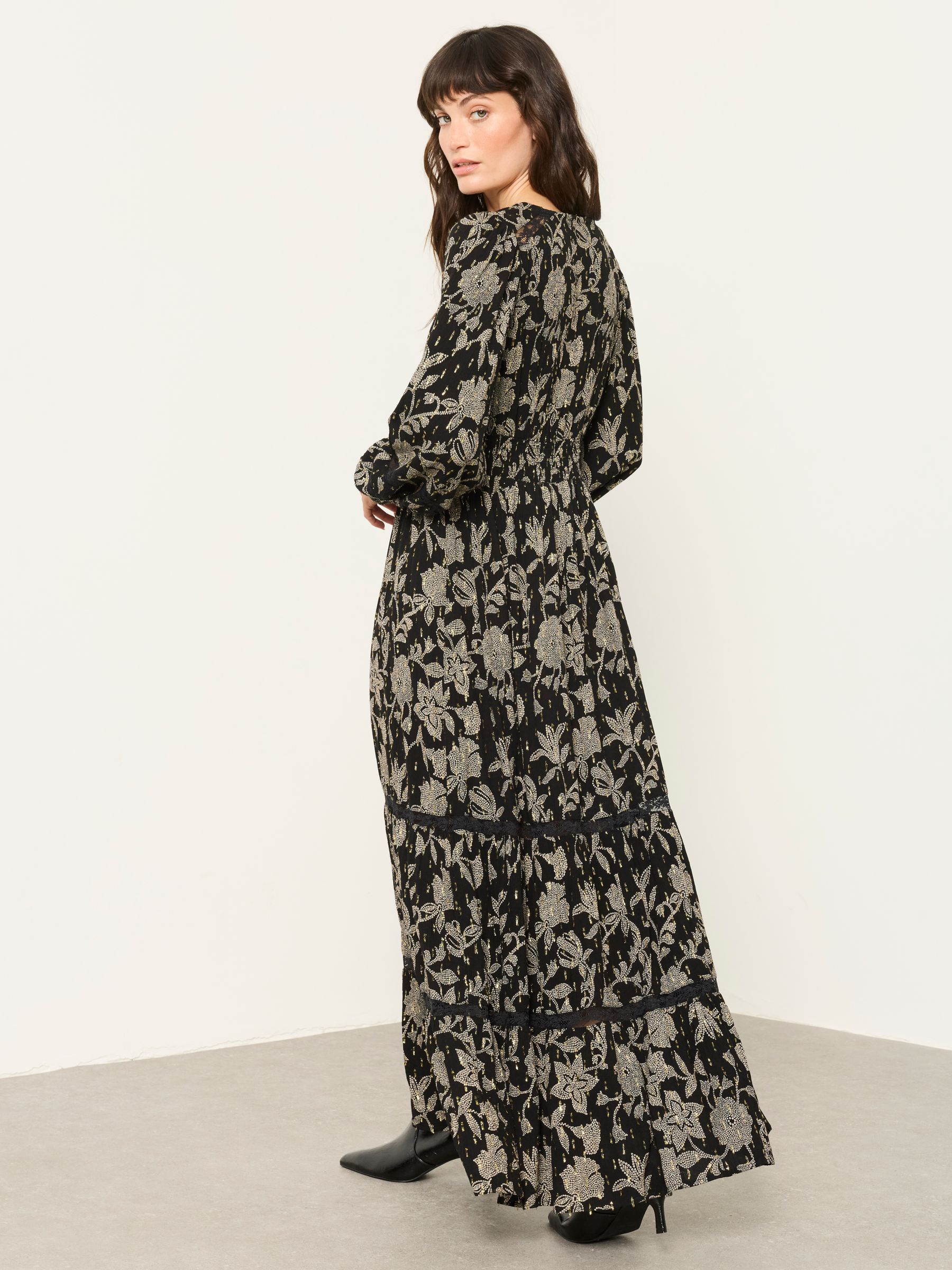 Eden Black Dot Floral Petite Jacquard Maxi Dress - Image 2 of 5