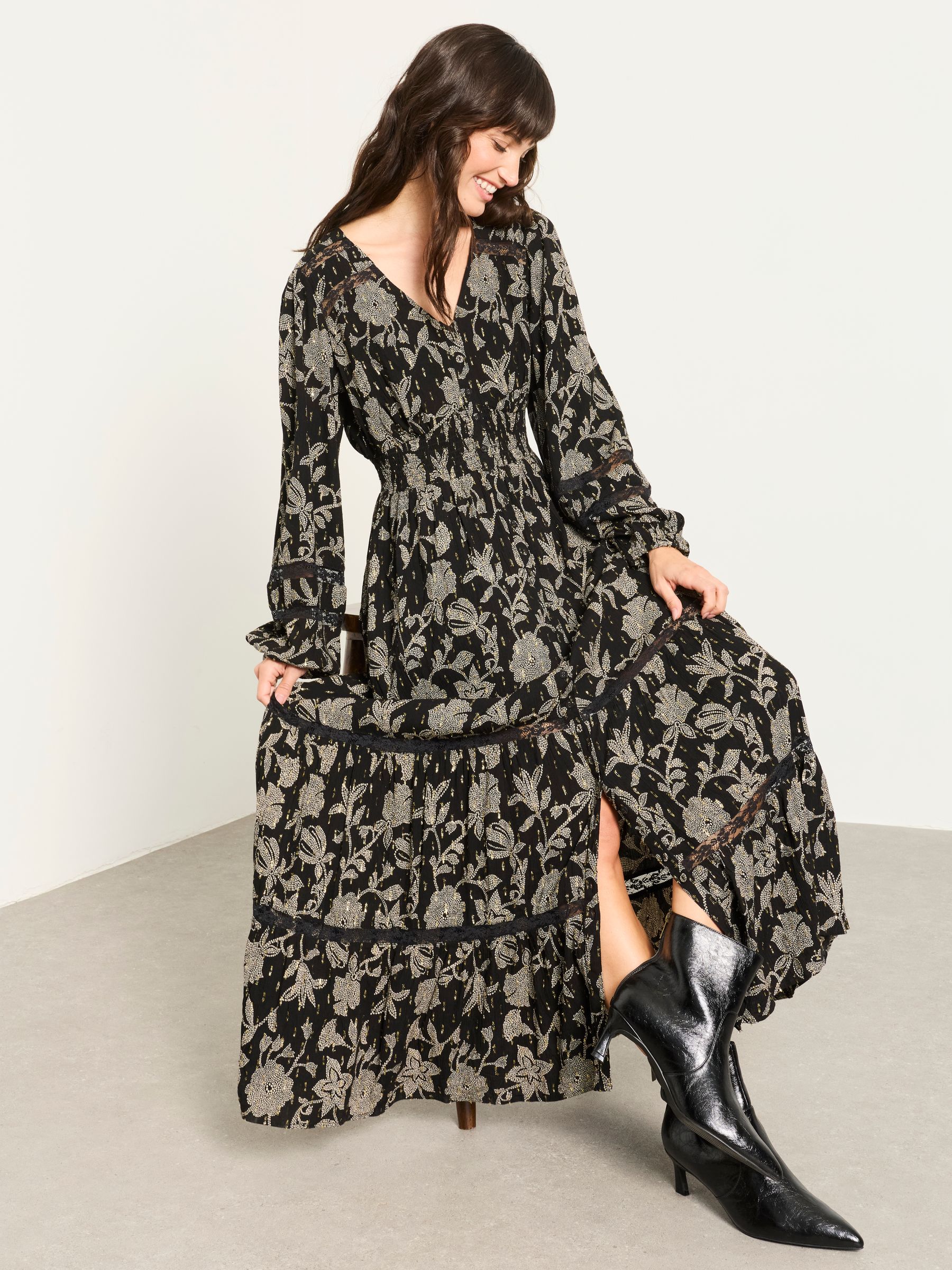 Eden Black Dot Floral Petite Jacquard Maxi Dress - Image 3 of 5