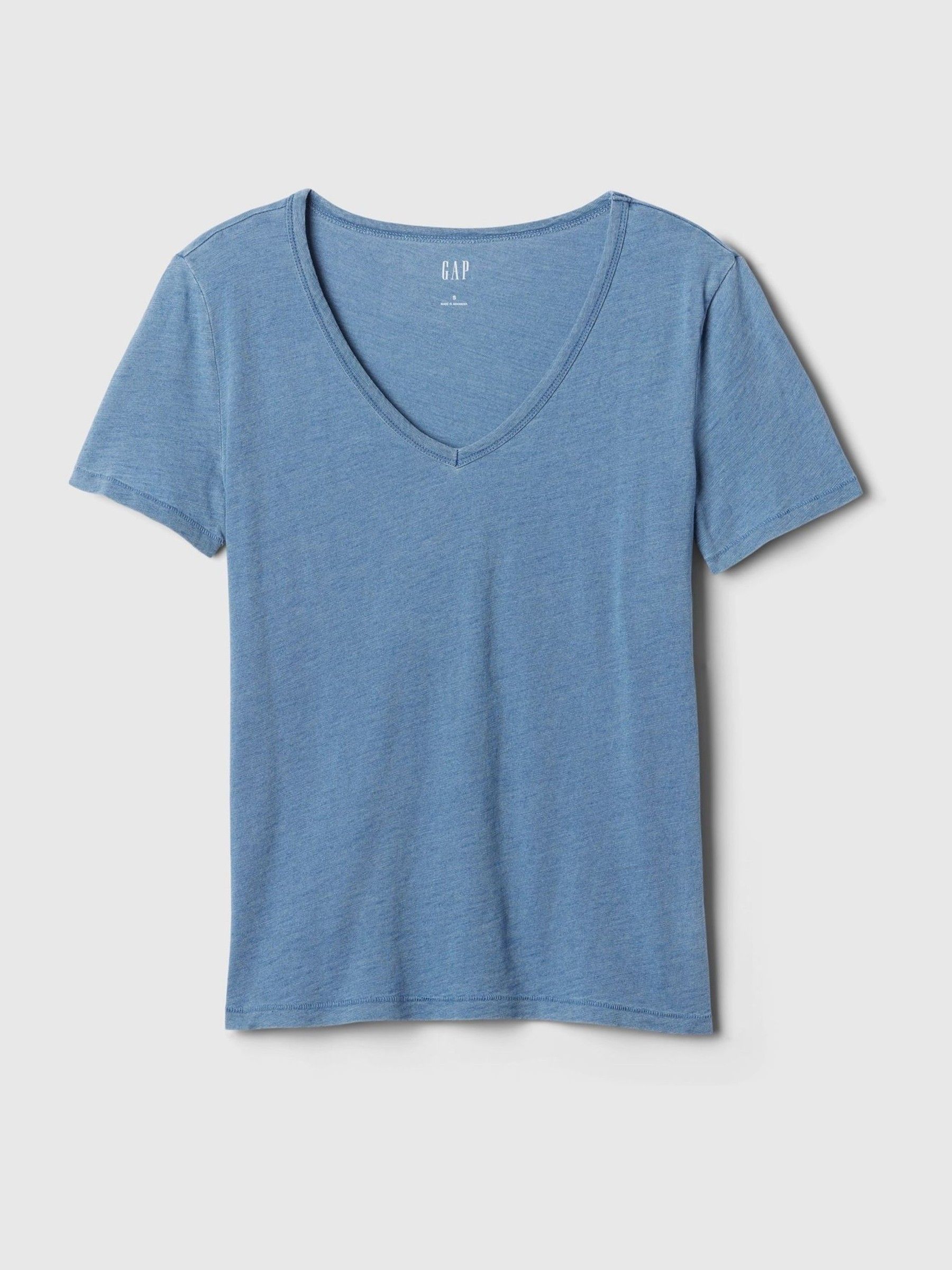 Blue Cotton Vintage Short Sleeve V Neck T-Shirt - Image 4 of 4