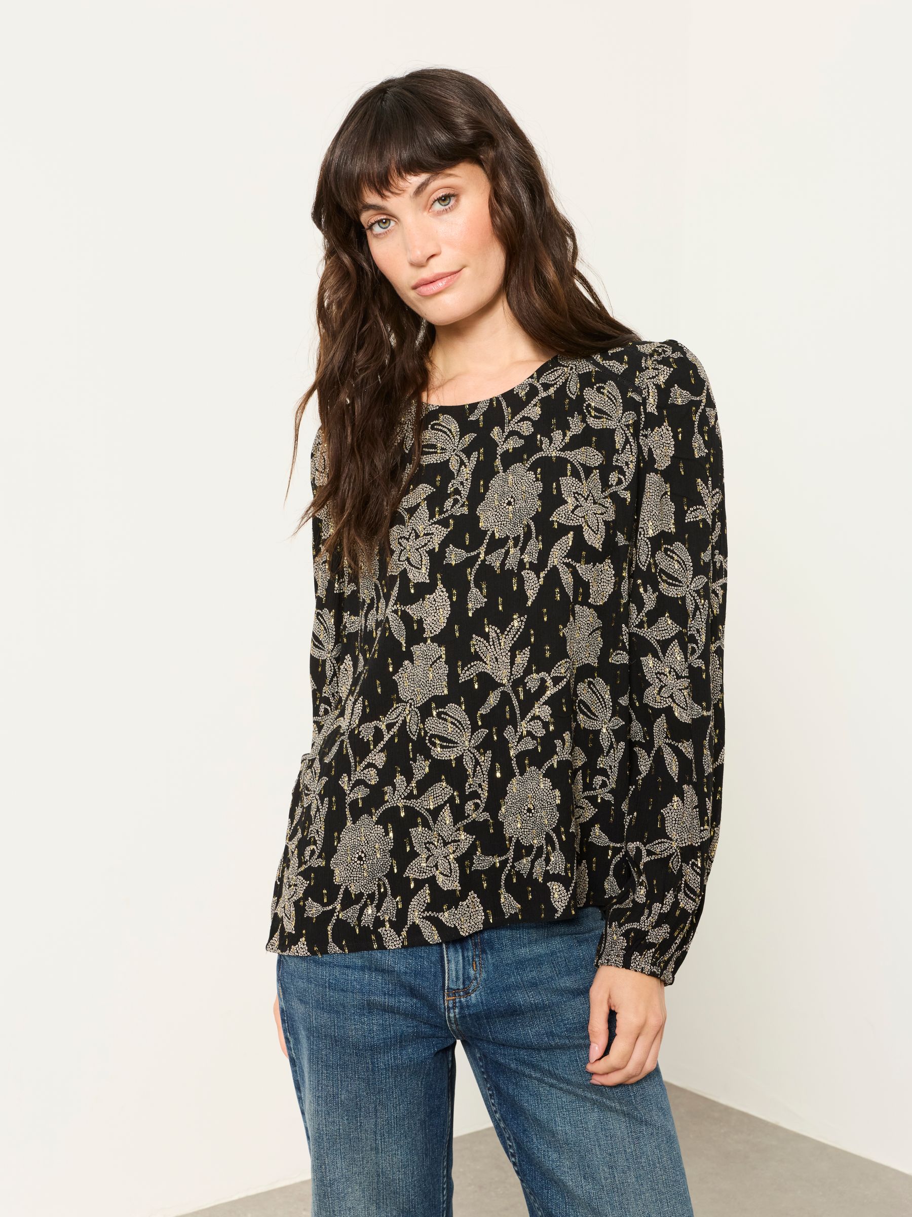 Sofia Black Dot Floral Petite Embroidered Blouse - Image 1 of 6