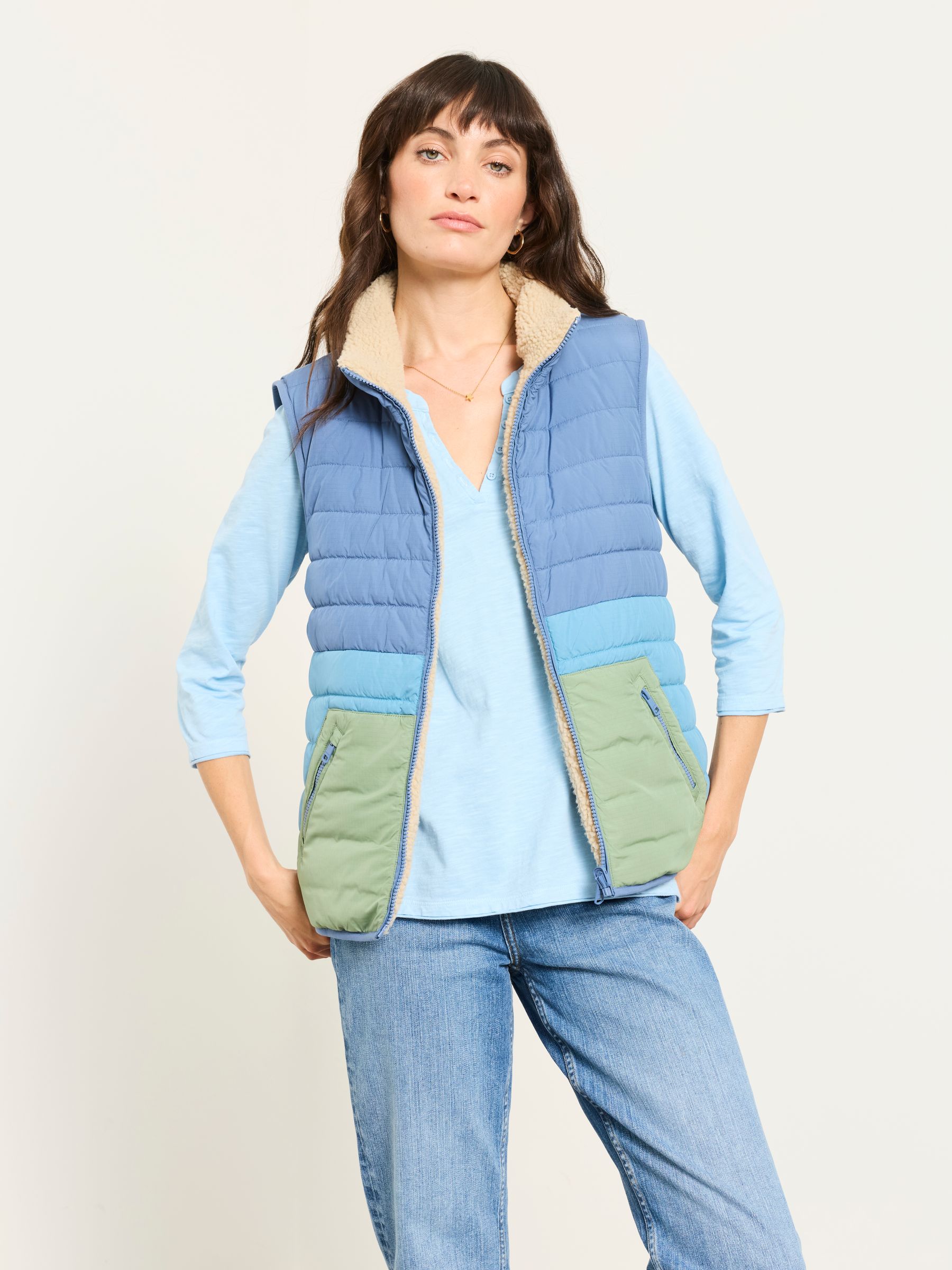 Luna Reversible Blue Colourblock Padded Borg Fleece Gilet - Image 3 of 9
