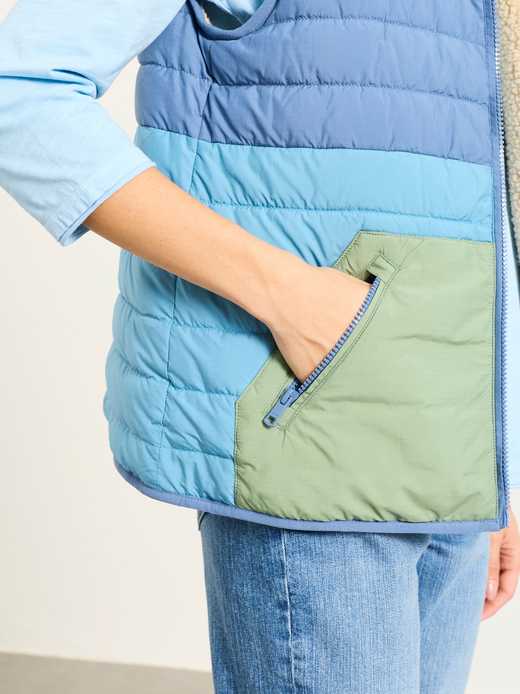 Luna Reversible Blue Colourblock Padded Borg Fleece Gilet - Image 5 of 9