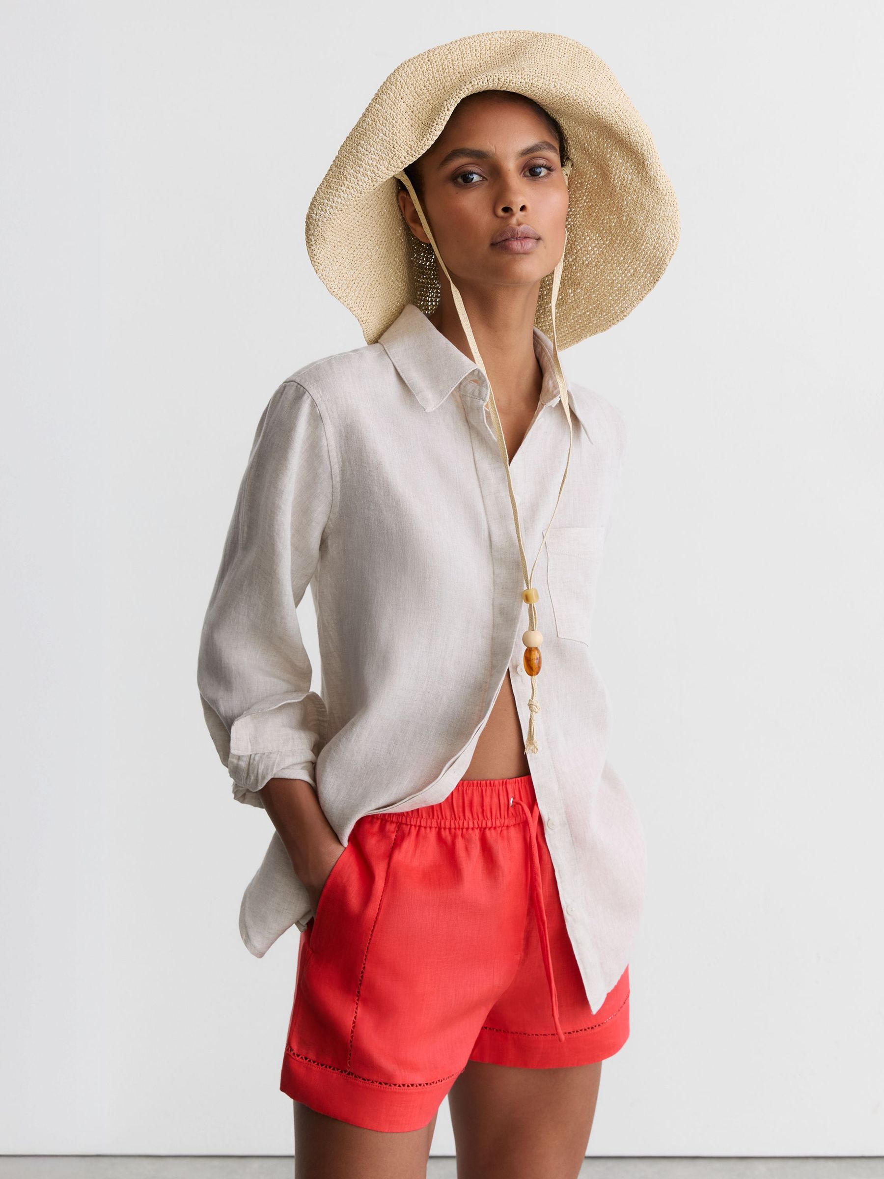 Linen Ladder-Embroidery Shorts in Coral - Image 1 of 7