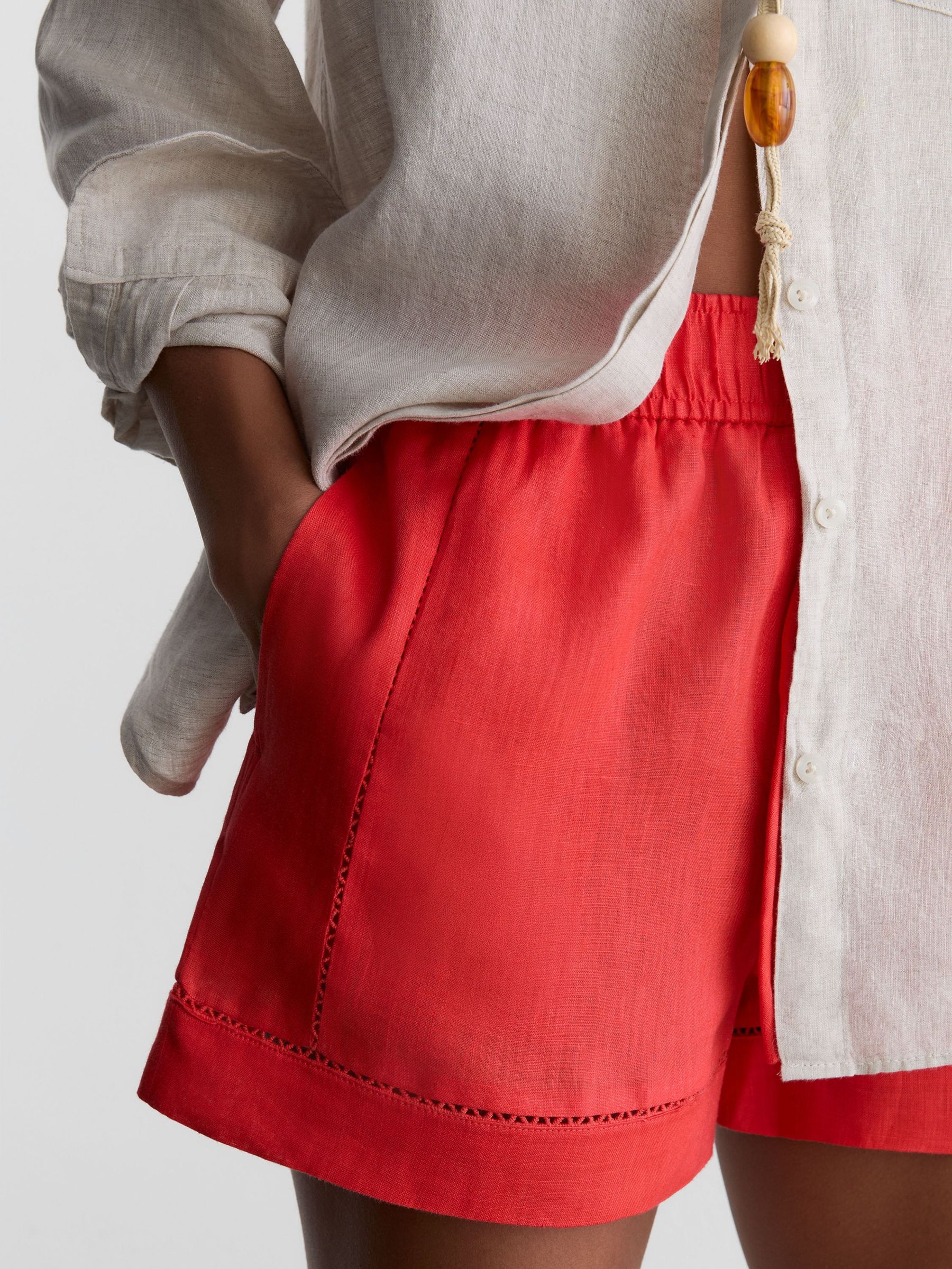 Linen Ladder-Embroidery Shorts in Coral - Image 3 of 7