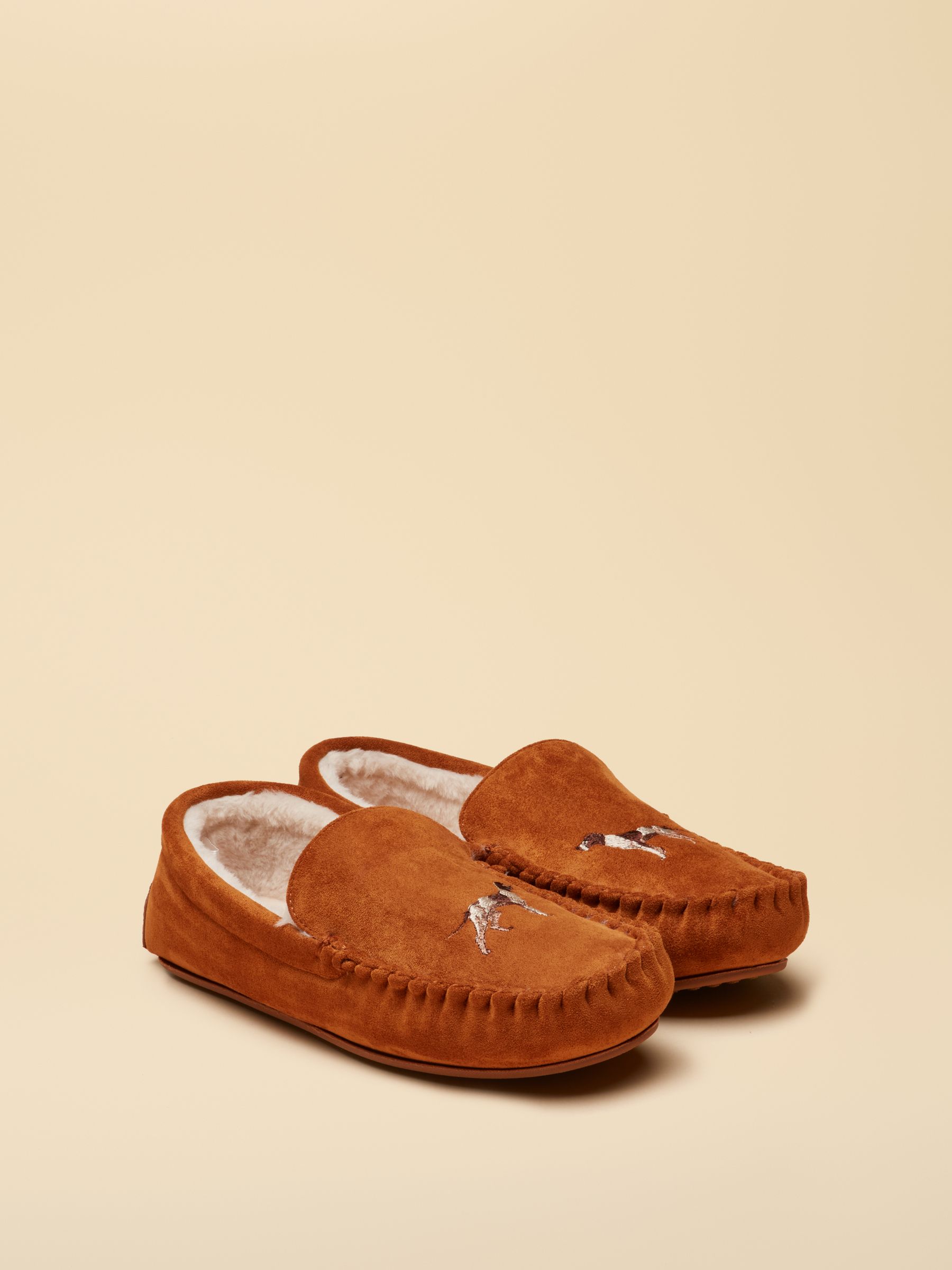 Moccasin Tan Brown Embroidered Slippers - Image 1 of 6