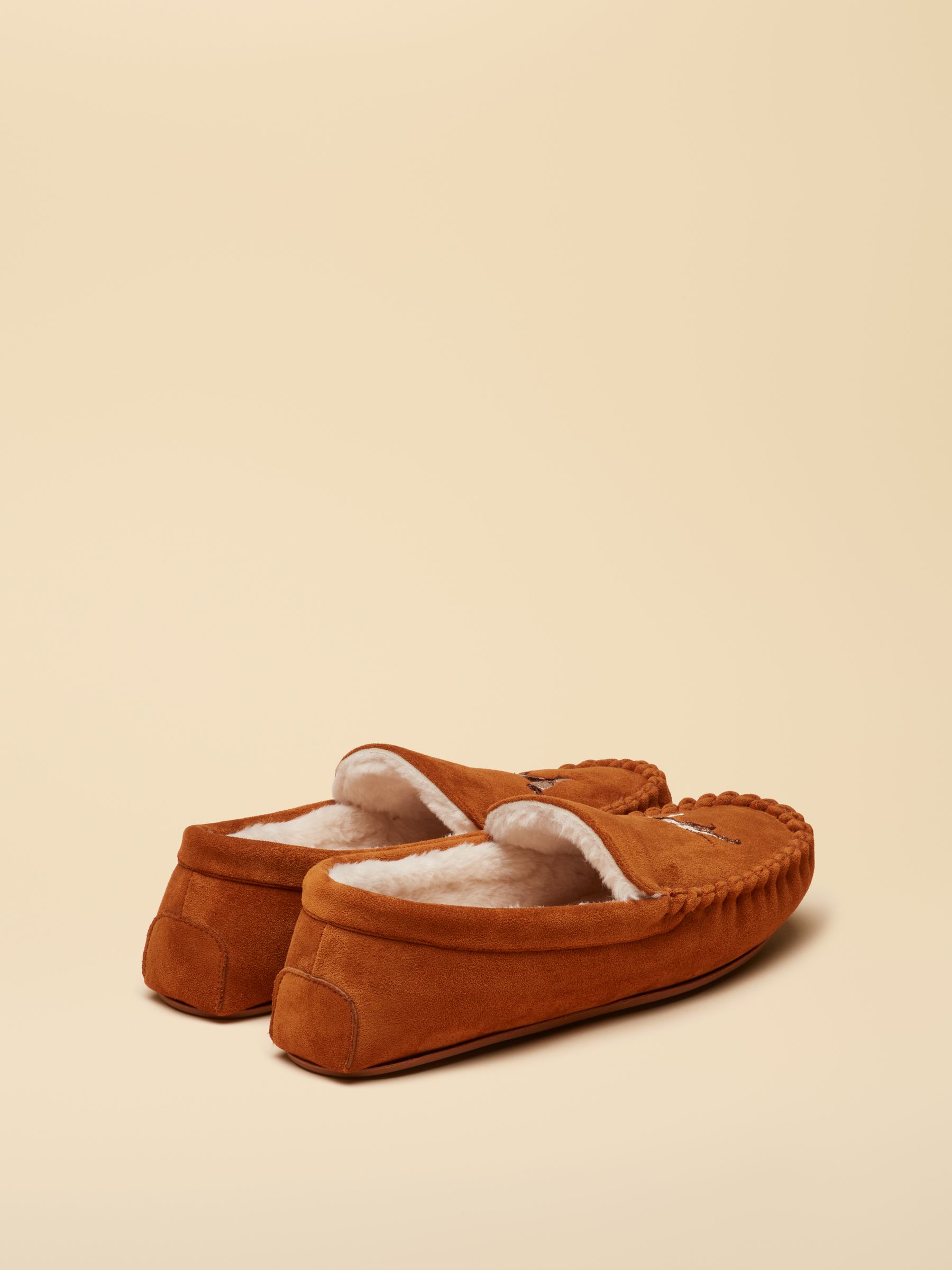Moccasin Tan Brown Embroidered Slippers - Image 2 of 6 Moccasin Tan Brown Embroidered Slippers - Image 2 of 6