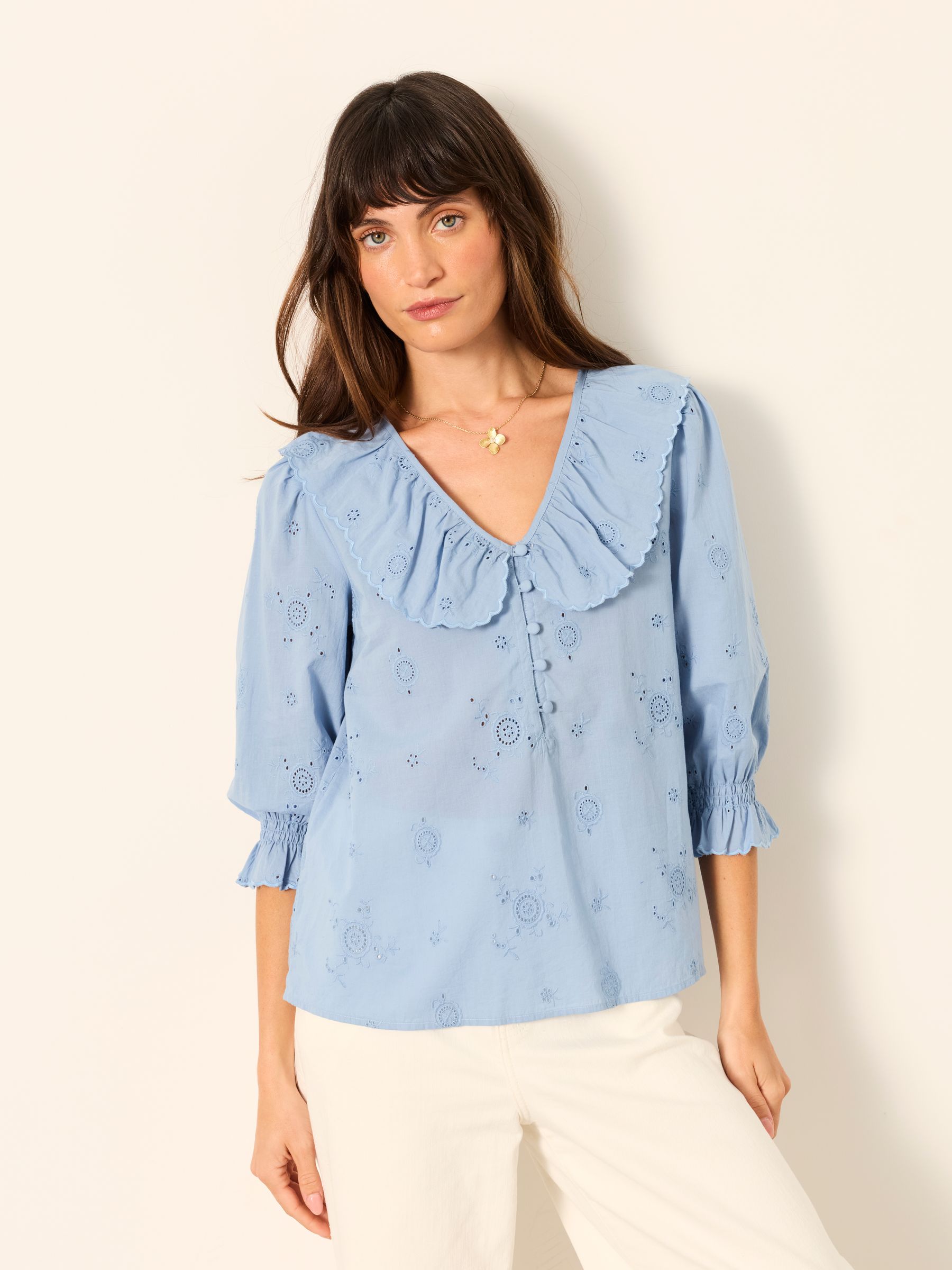 Carly Blue Petite Broderie Blouse - Image 1 of 5 Carly Blue Petite Broderie Blouse - Image 1 of 5