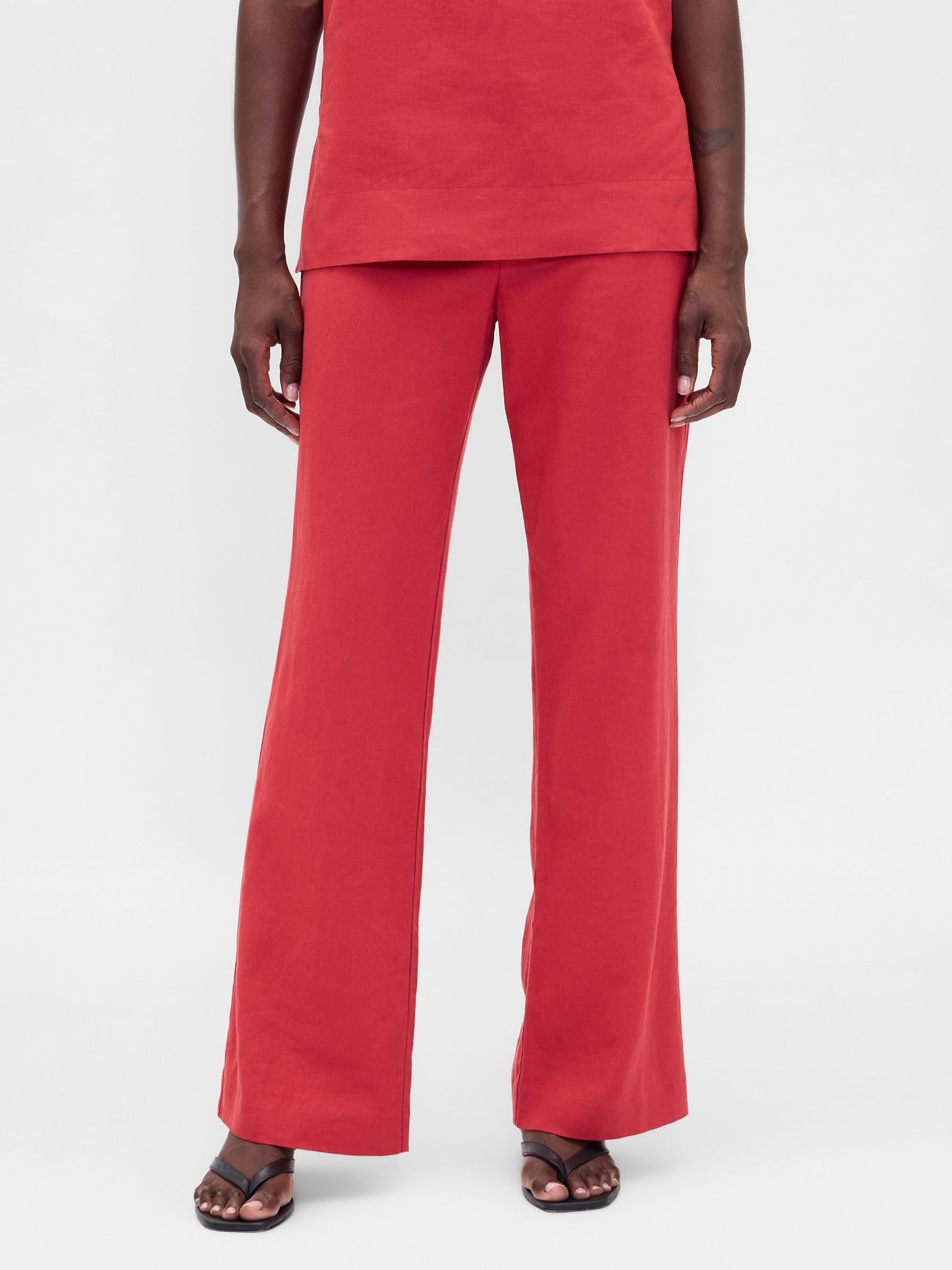 Red Low Rise Linen-Blend Flare Trousers - Image 1 of 4
