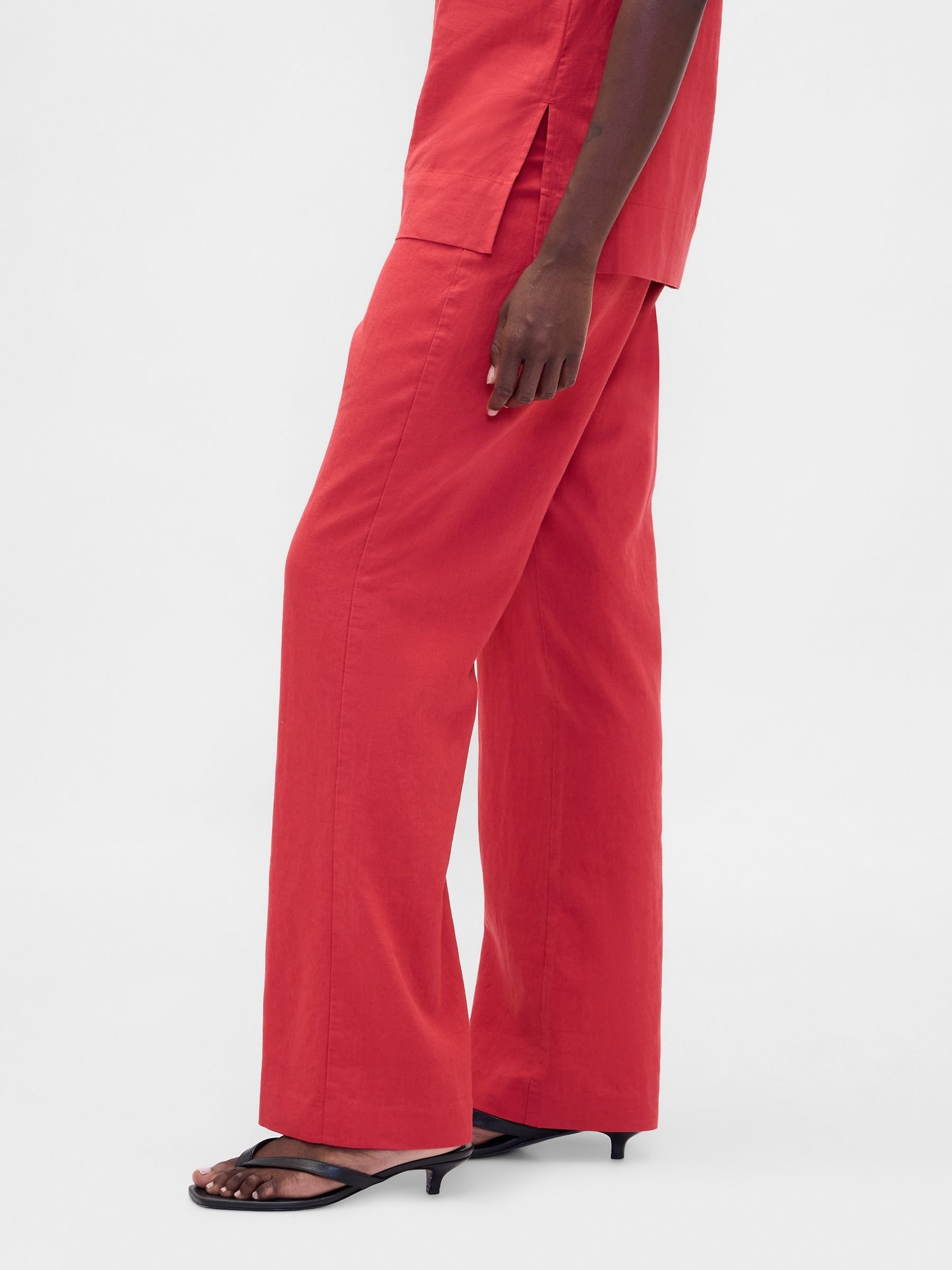 Red Low Rise Linen-Blend Flare Trousers - Image 3 of 4