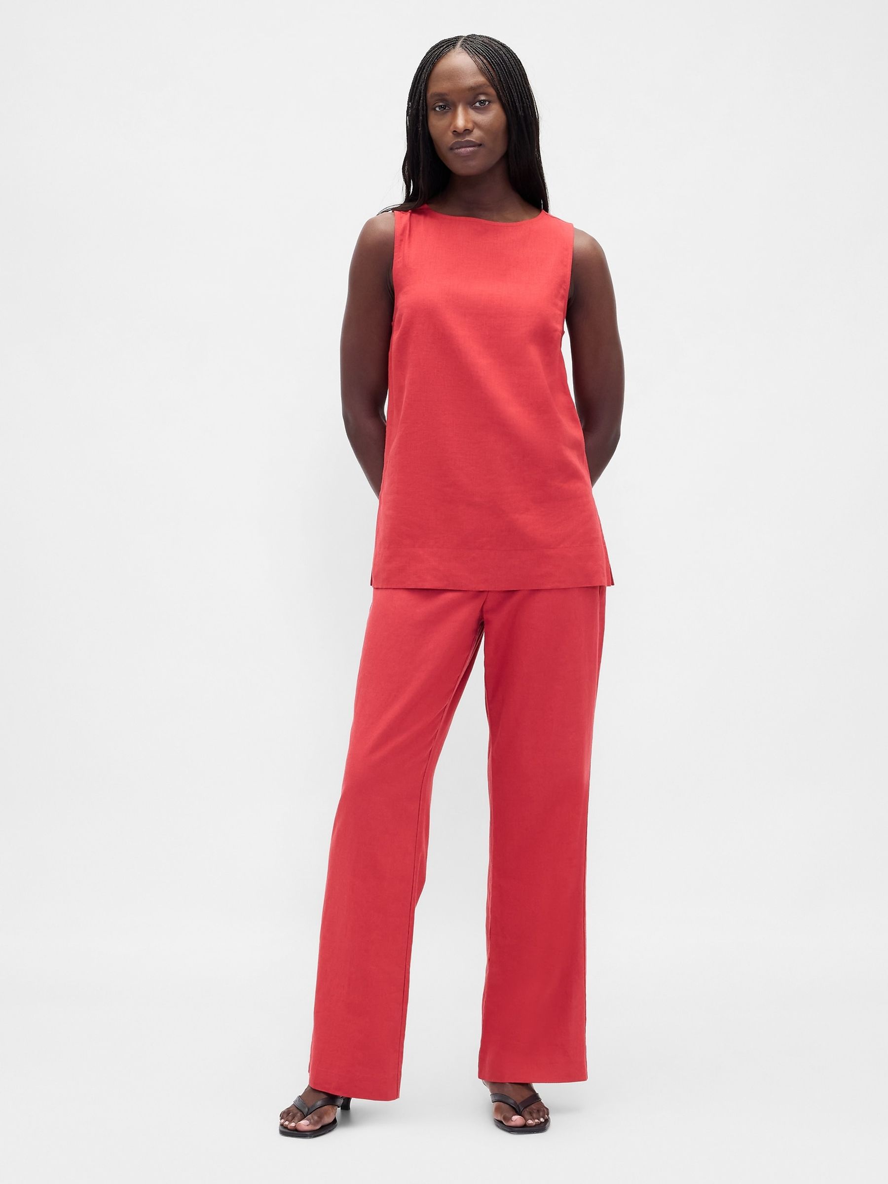 Red Low Rise Linen-Blend Flare Trousers - Image 4 of 4