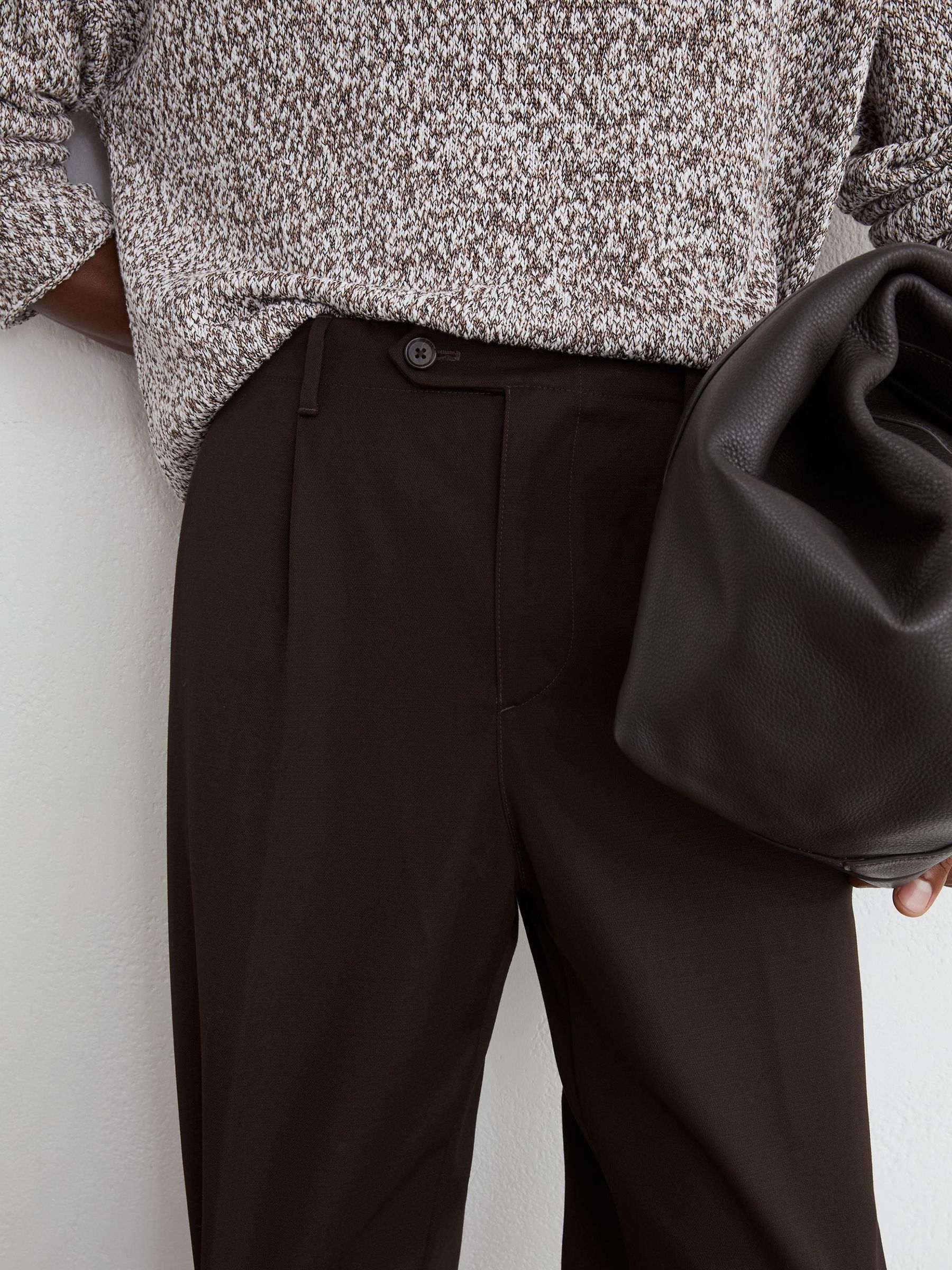 Cotton Slub Pleated Relaxed-Fit Trousers in Brown - Image 4 of 7