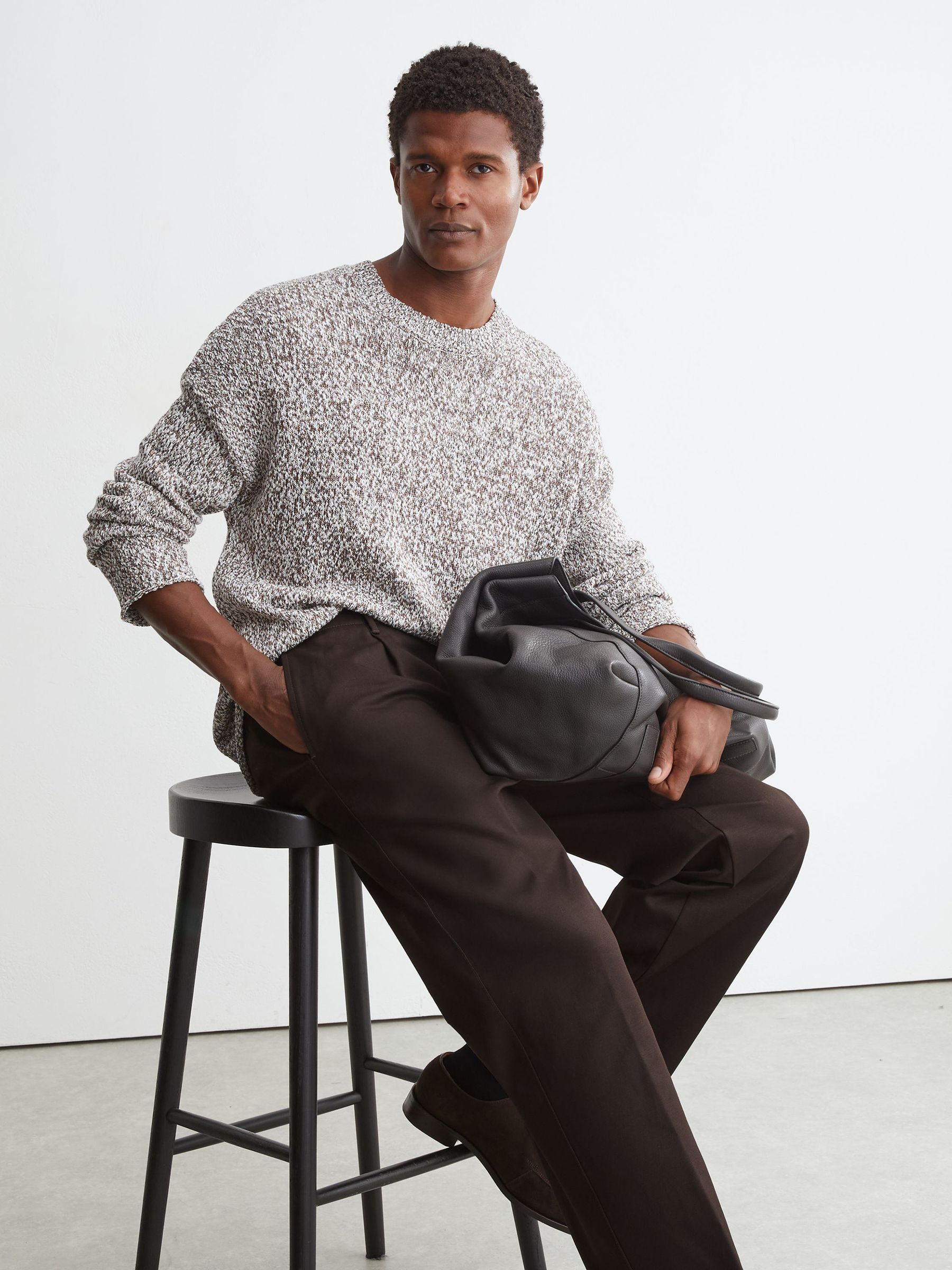 Cotton Slub Pleated Relaxed-Fit Trousers in Brown - Image 5 of 7