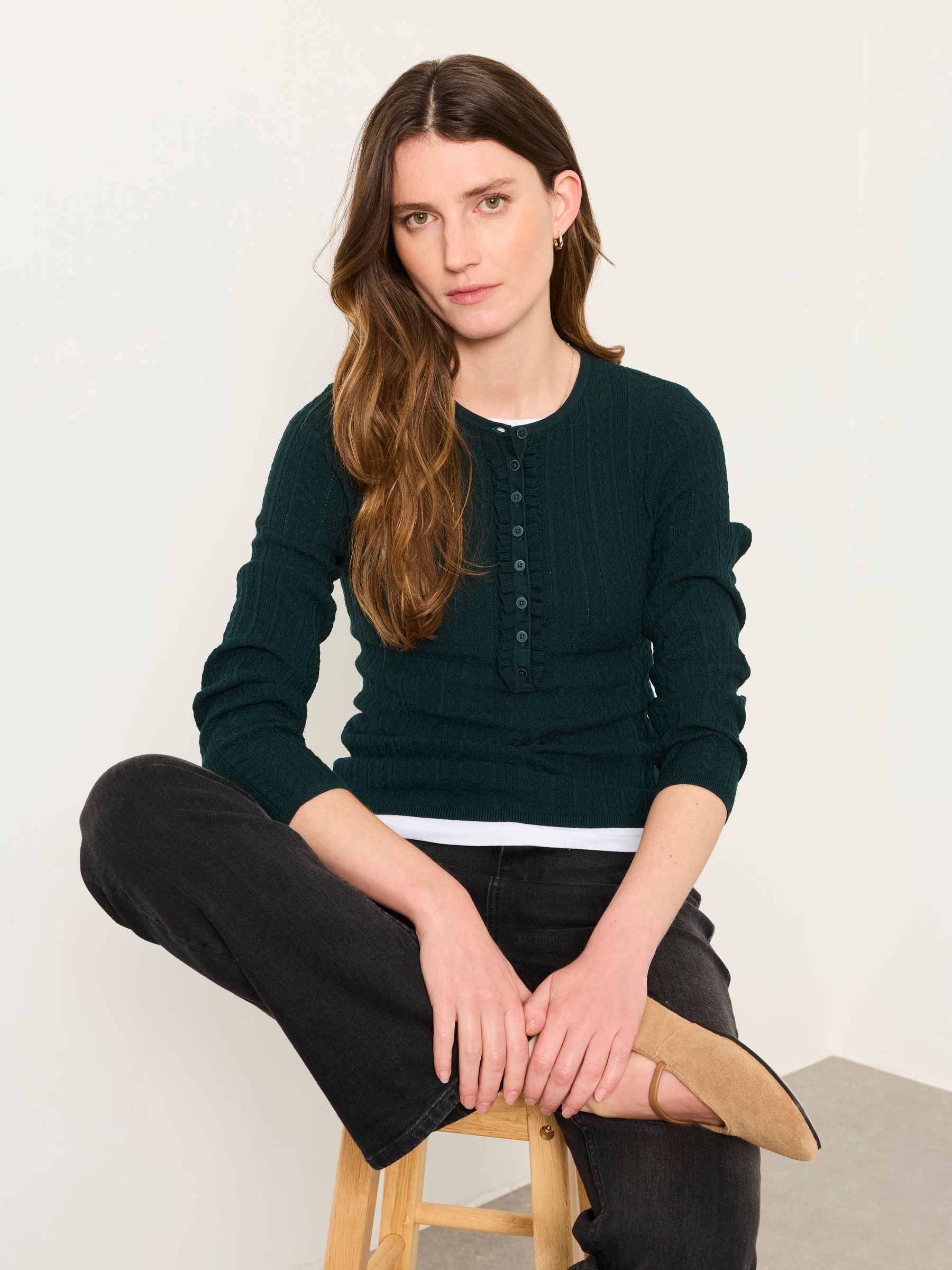 Mae Jade Green Knitted Frill Front Henley - Image 3 of 5