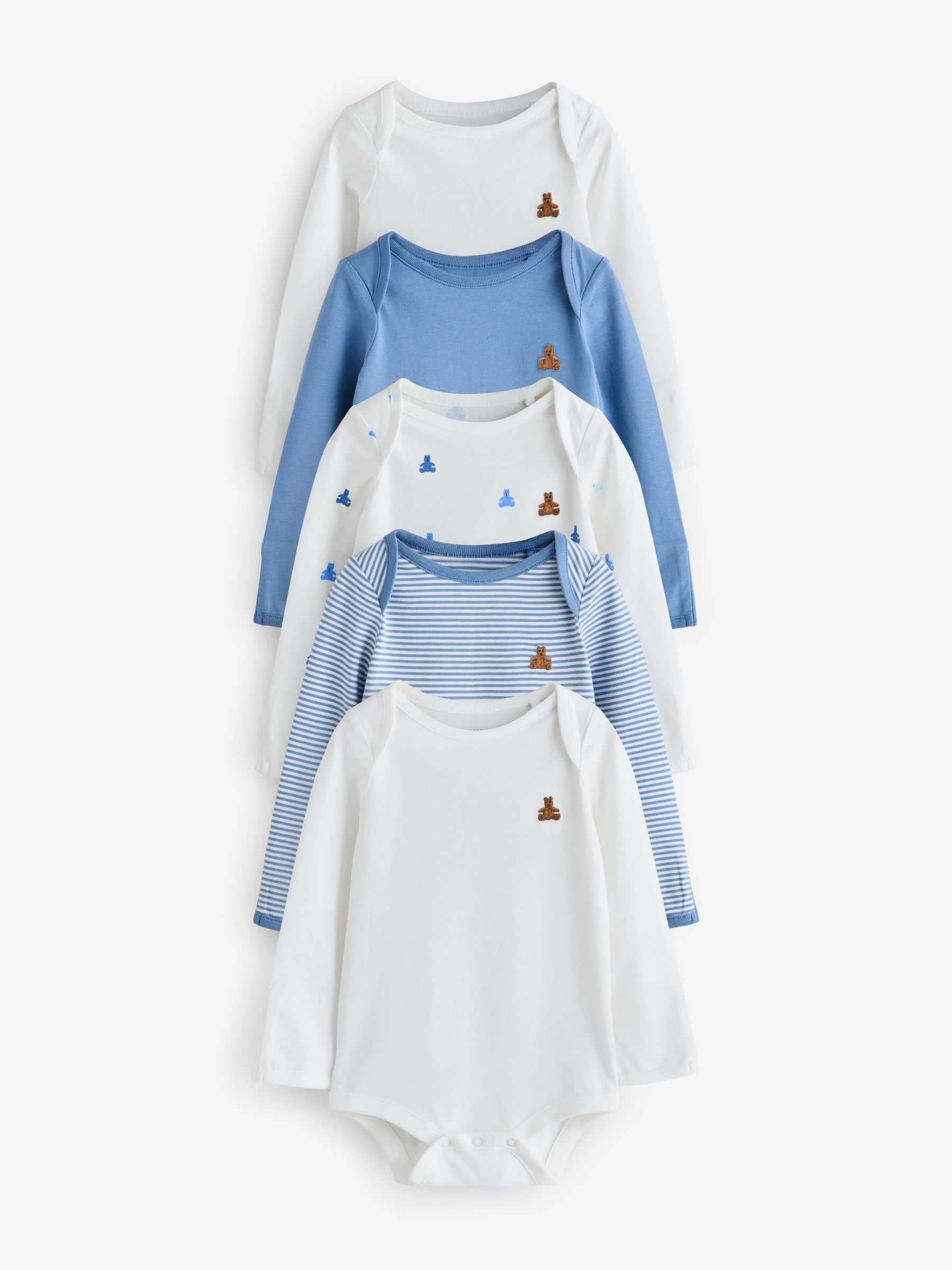 Blue and White 5 Pack Brannan Bear Long Sleeve Baby Bodysuit - Image 1 of 11