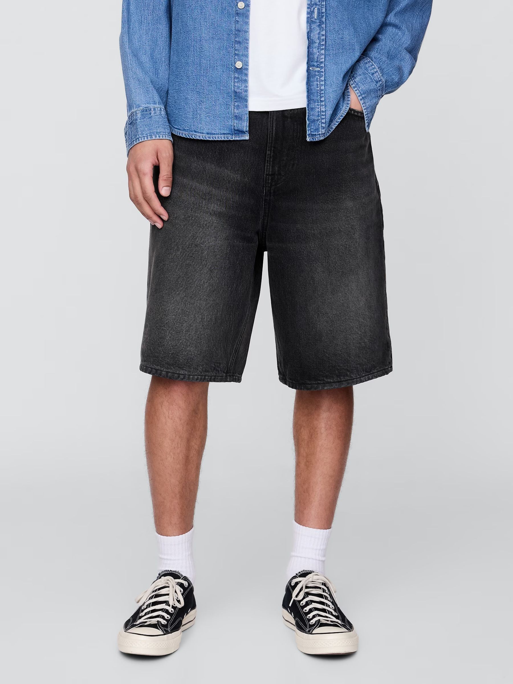 Black 10.5 inch Baggy Denim Shorts - Image 1 of 5