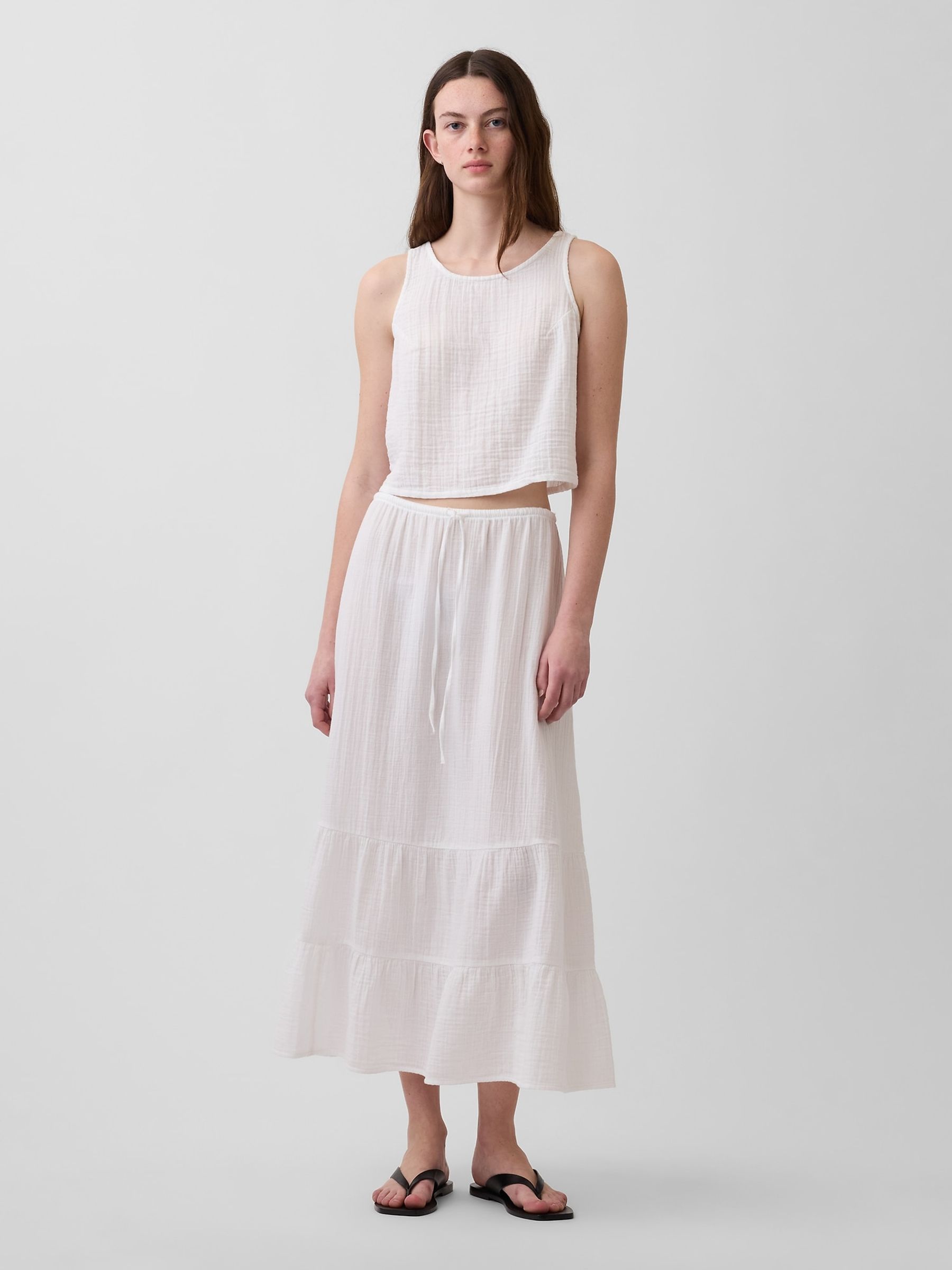 White Cotton Gauze Easy Tiered Maxi Skirt - Image 1 of 4