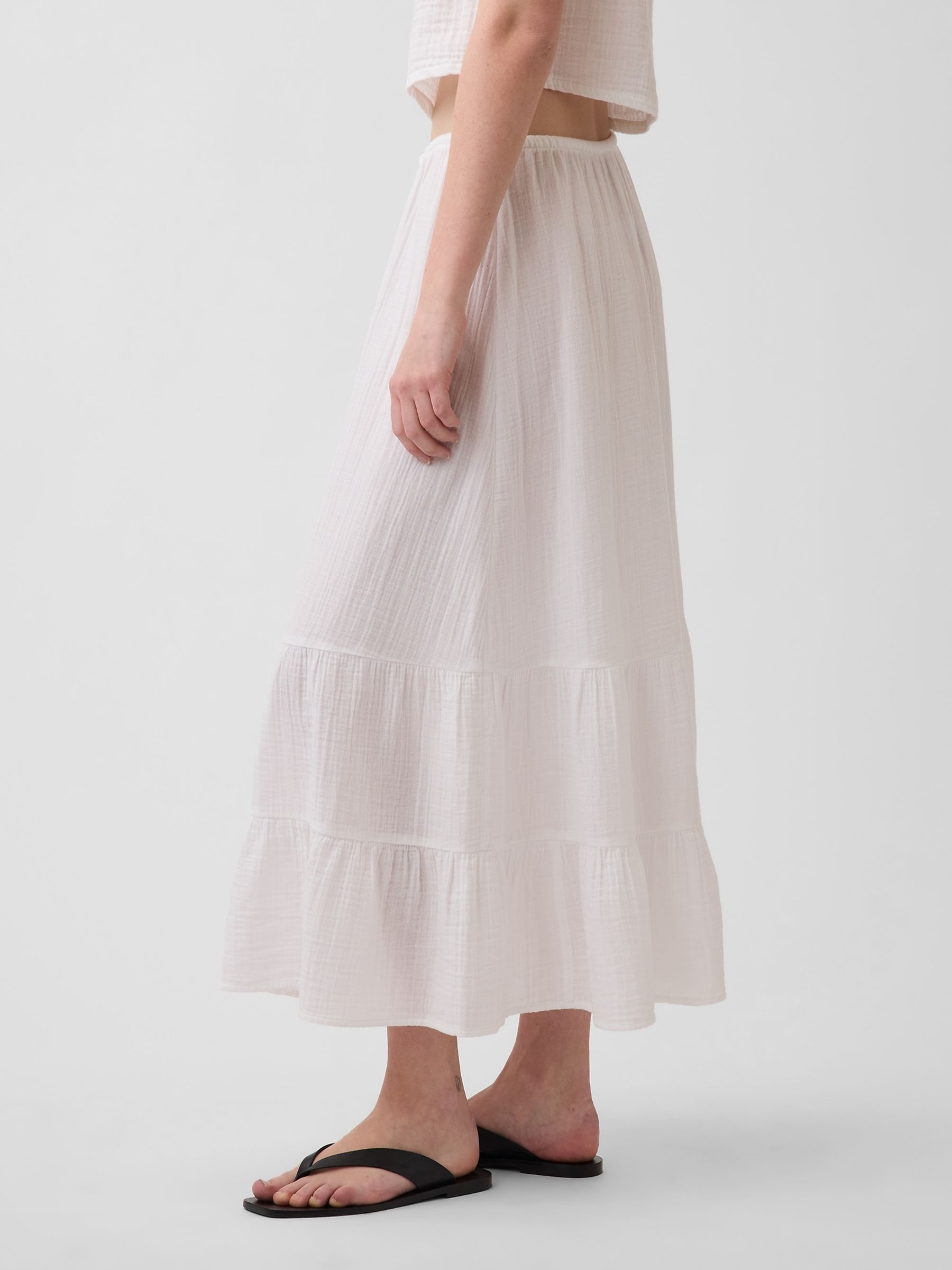 White Cotton Gauze Easy Tiered Maxi Skirt - Image 3 of 4