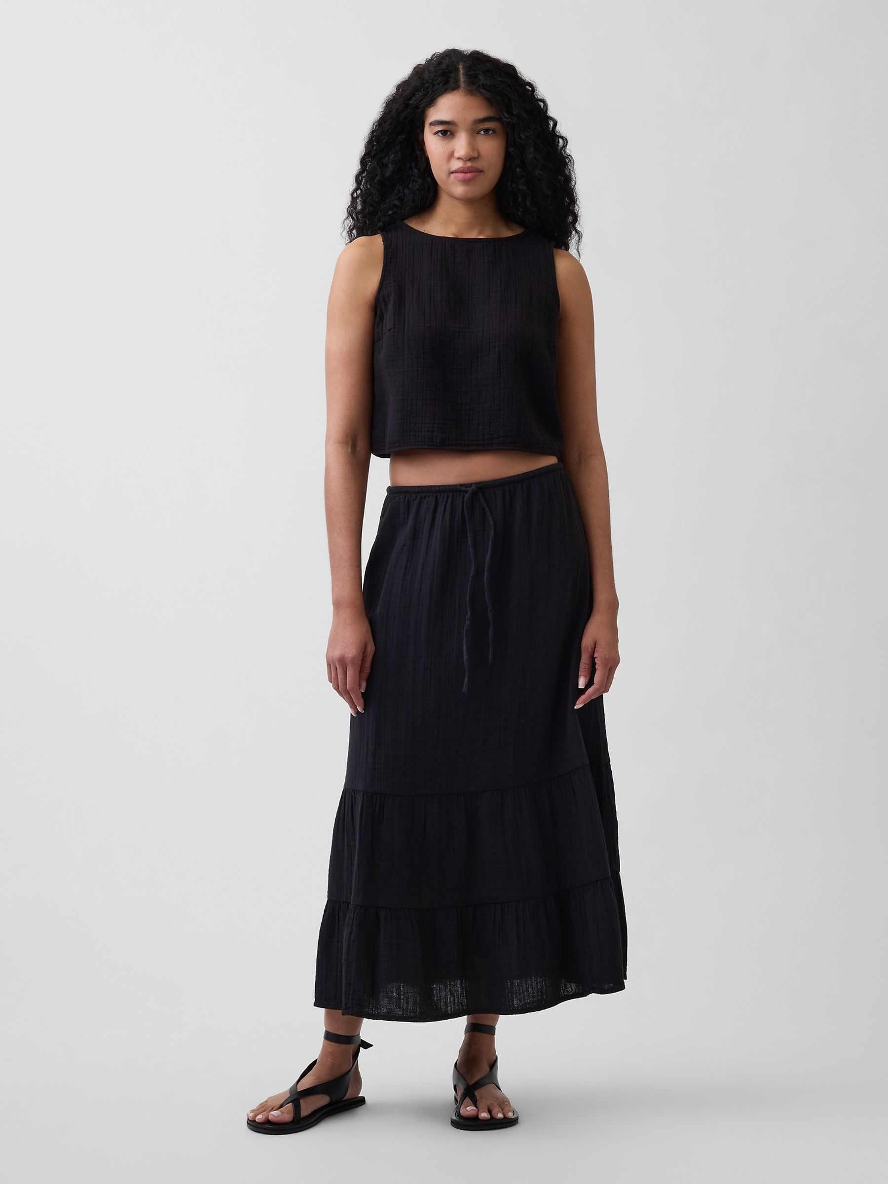 Black Cotton Gauze Easy Tiered Maxi Skirt - Image 1 of 4