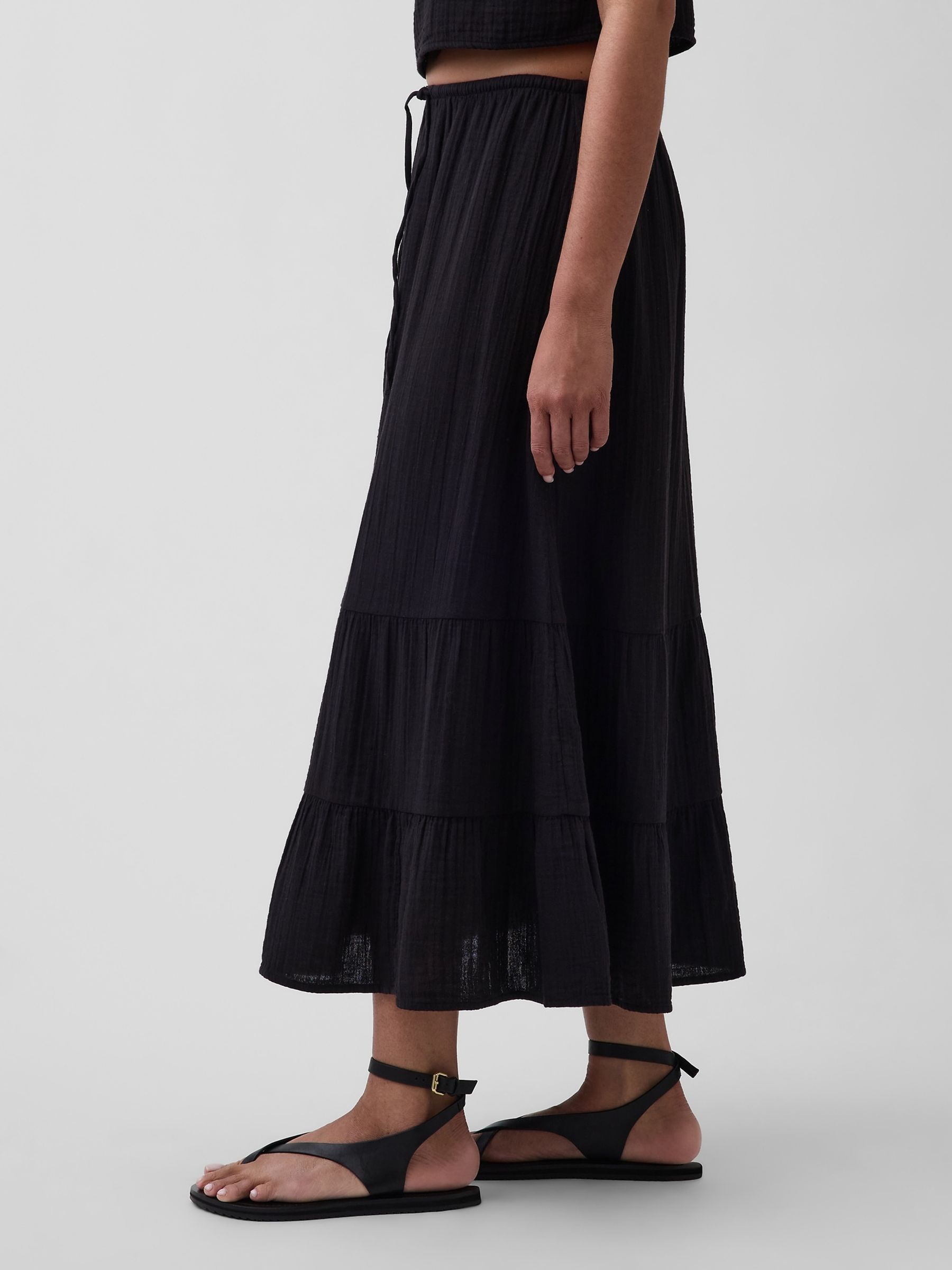 Black Cotton Gauze Easy Tiered Maxi Skirt - Image 3 of 4