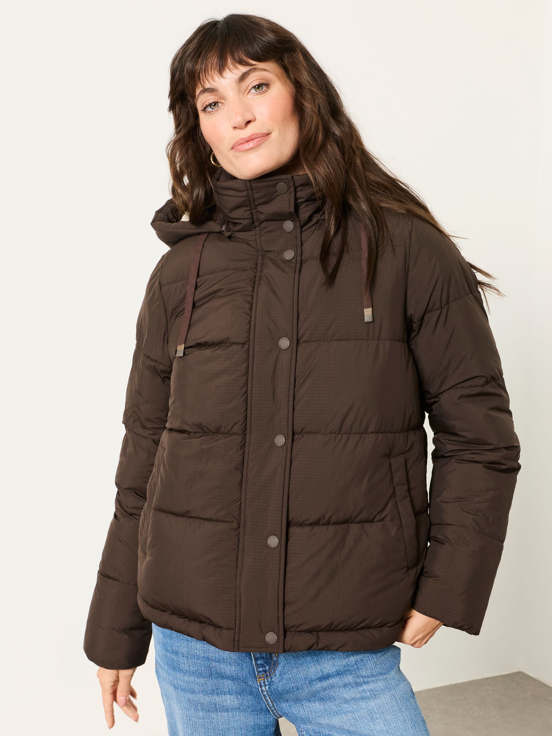 Carly Chocolate Brown Short Puffer Jacket - Image 1 of 6