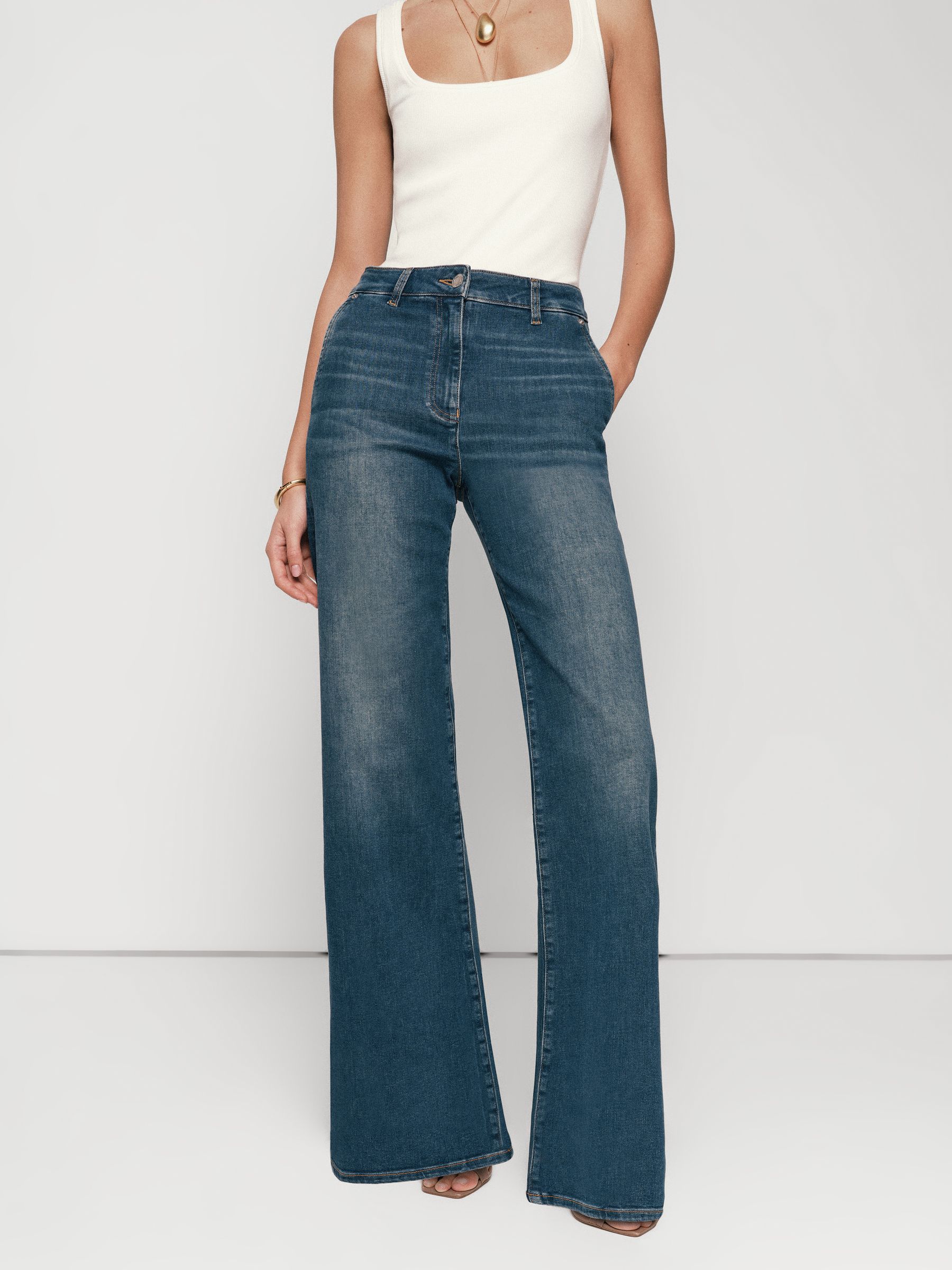 Petite Wide-Leg Jeans in Mid Blue - Image 1 of 7 Petite Wide-Leg Jeans in Mid Blue - Image 1 of 7