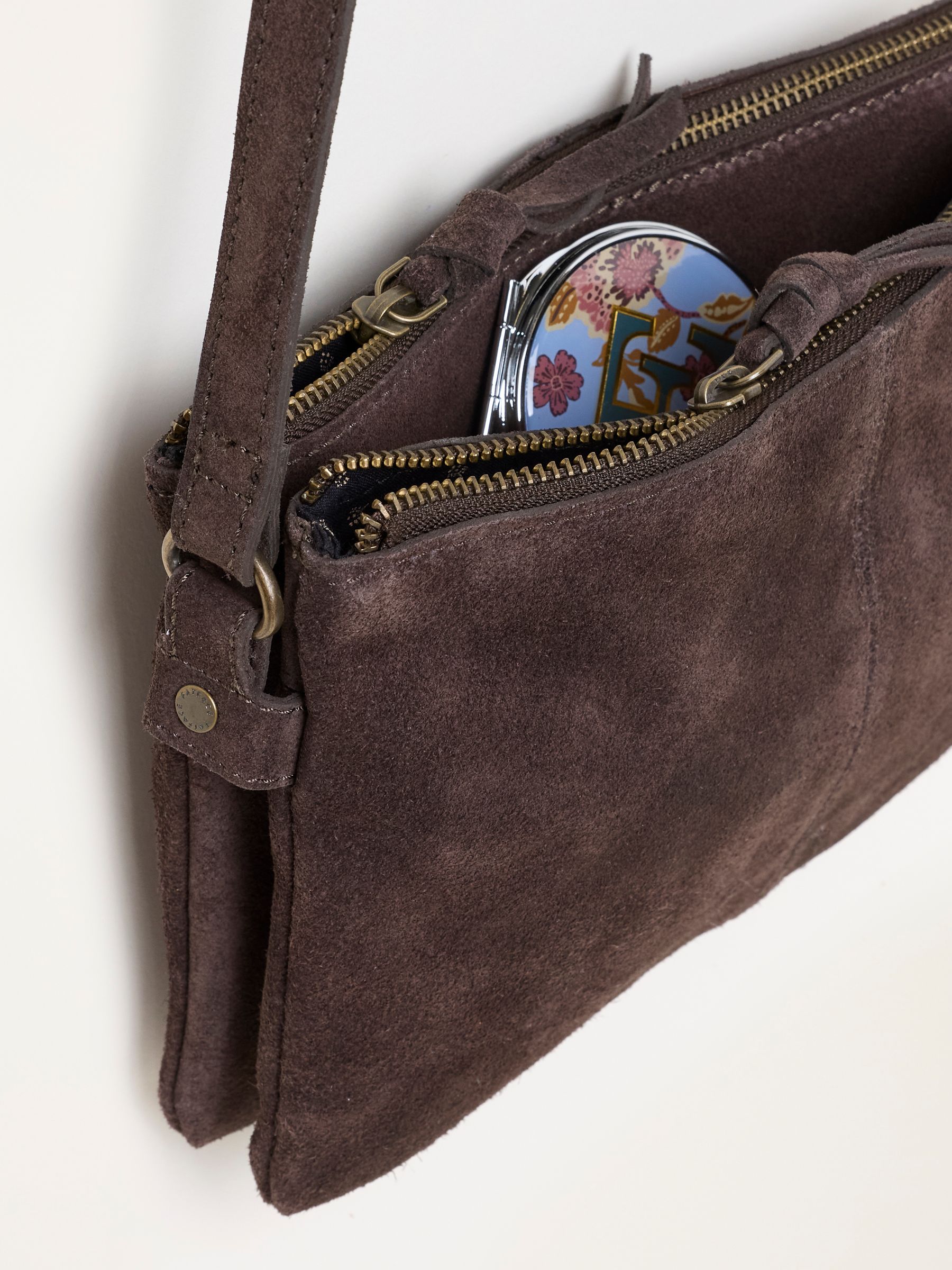 Chocolate Brown Double Compartment Suede Crossbody Bag - Image 2 of 3