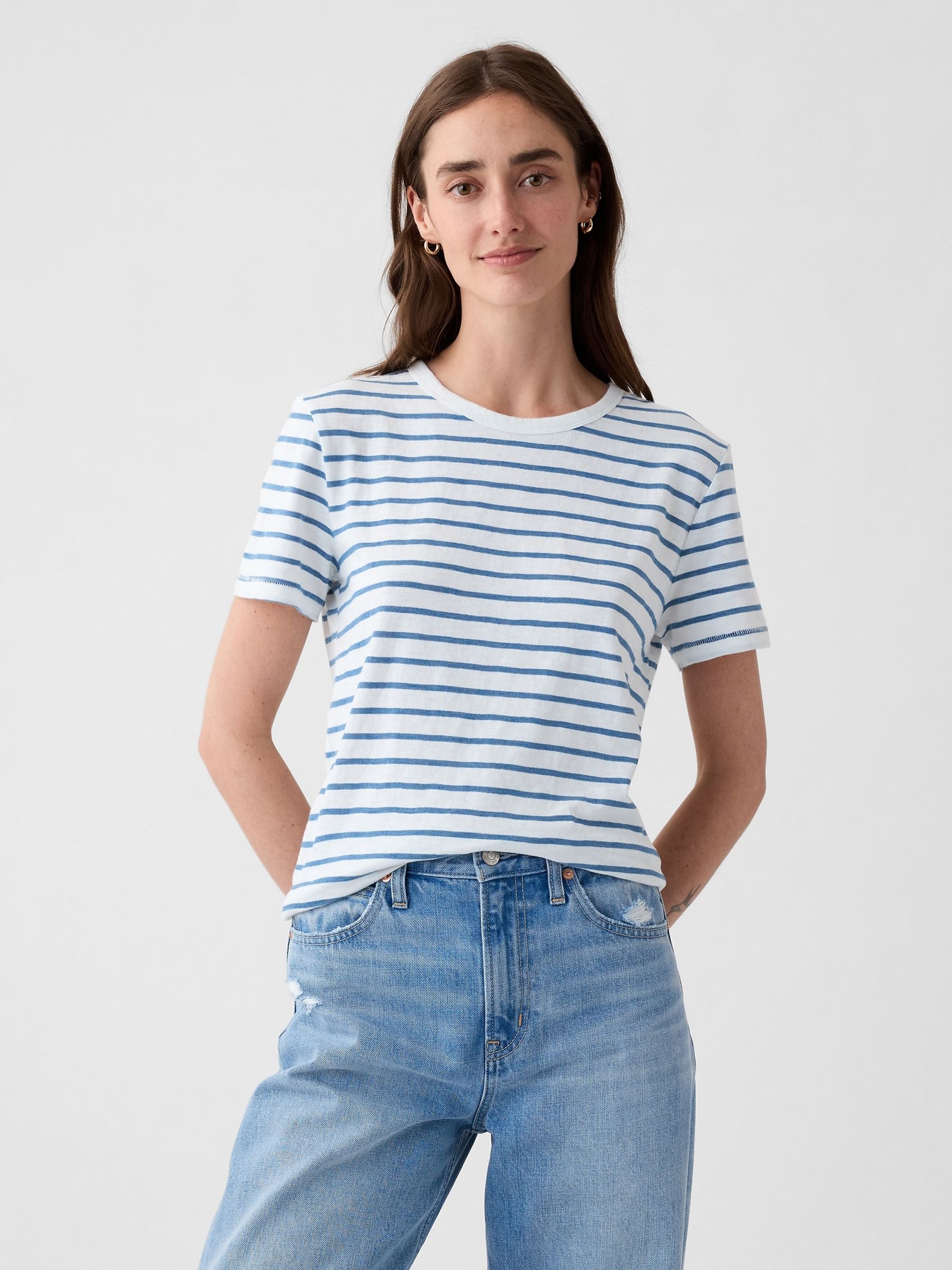 White/Blue Stripe Cotton Short Sleeve Oversized T-Shirt - Image 1 of 4