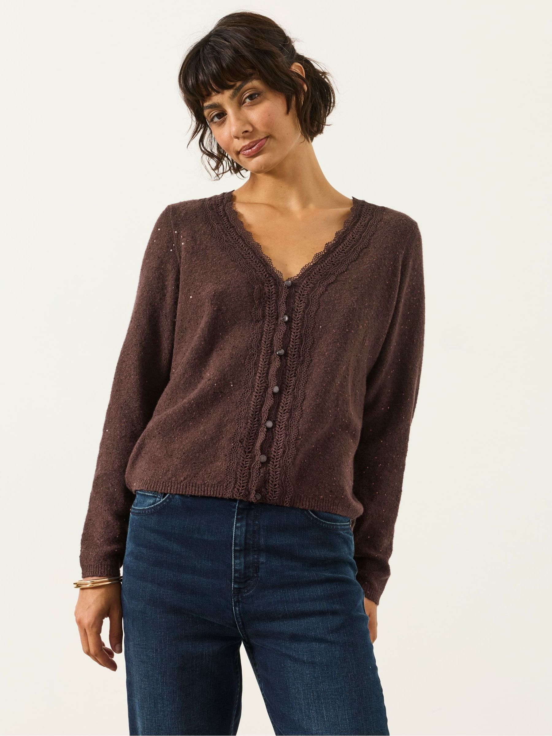 Skylar Chocolate Brown Knitted Sequin Sparkle Lace Cardigan - Image 1 of 6
