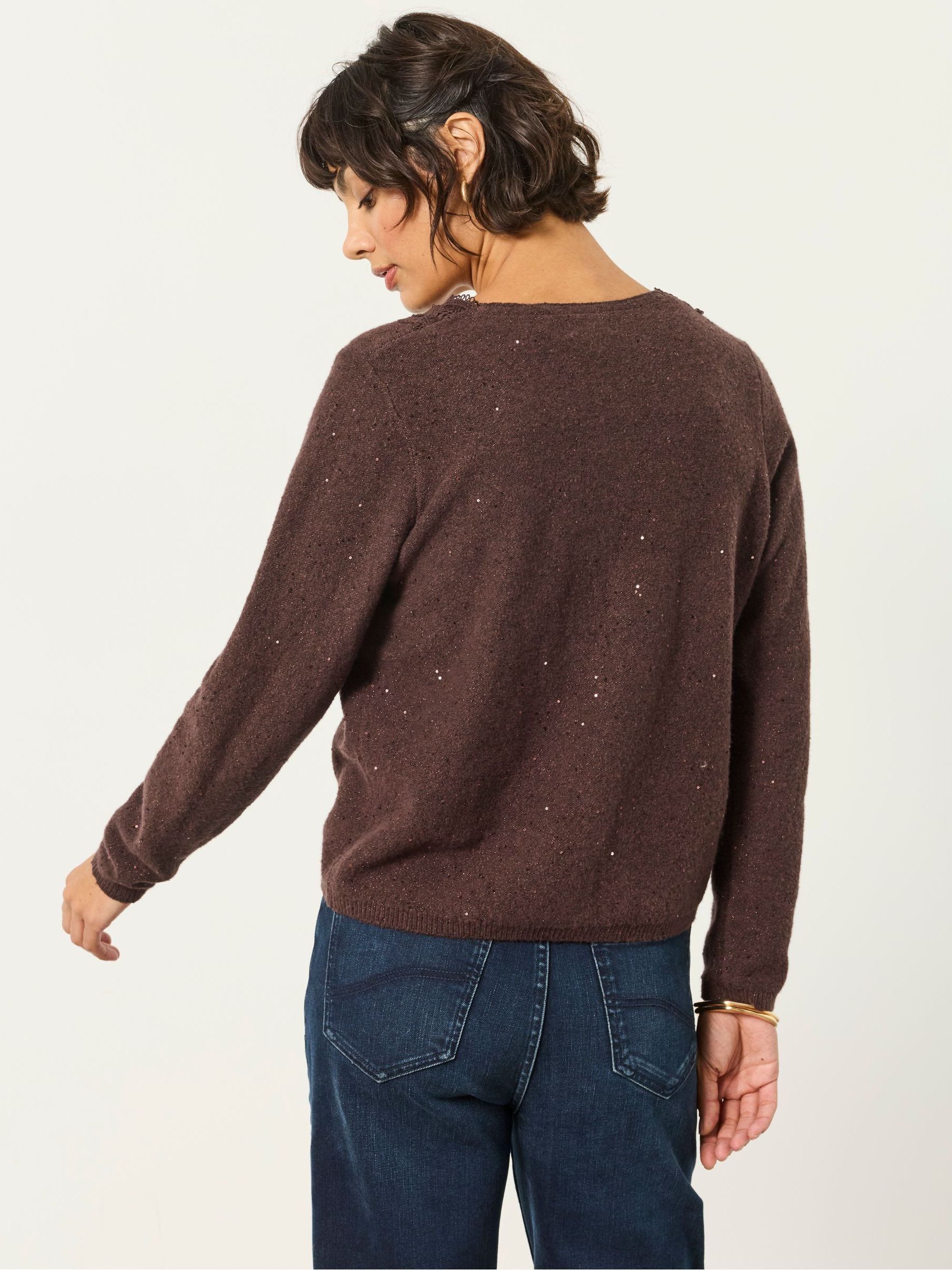 Skylar Chocolate Brown Knitted Sequin Sparkle Lace Cardigan - Image 2 of 6