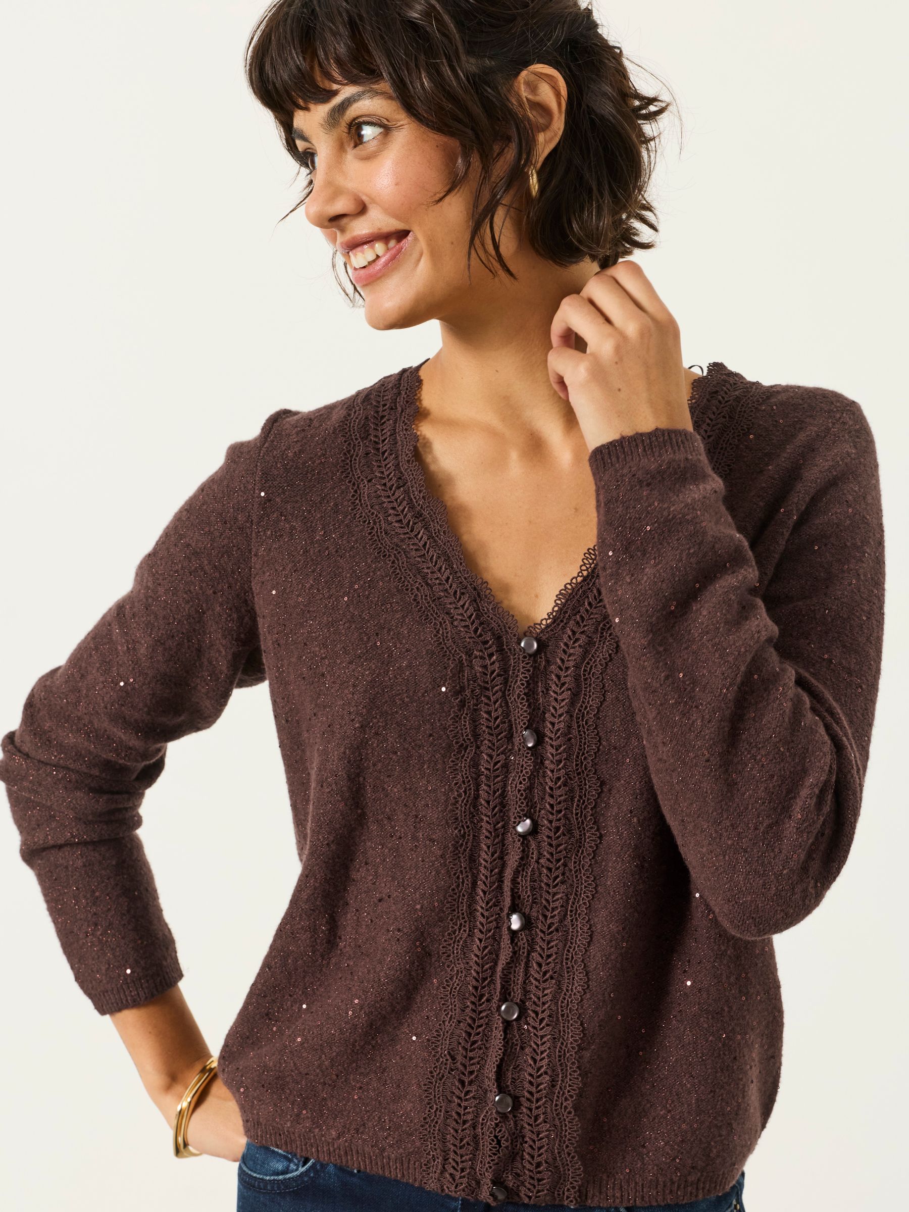 Skylar Chocolate Brown Knitted Sequin Sparkle Lace Cardigan - Image 3 of 6