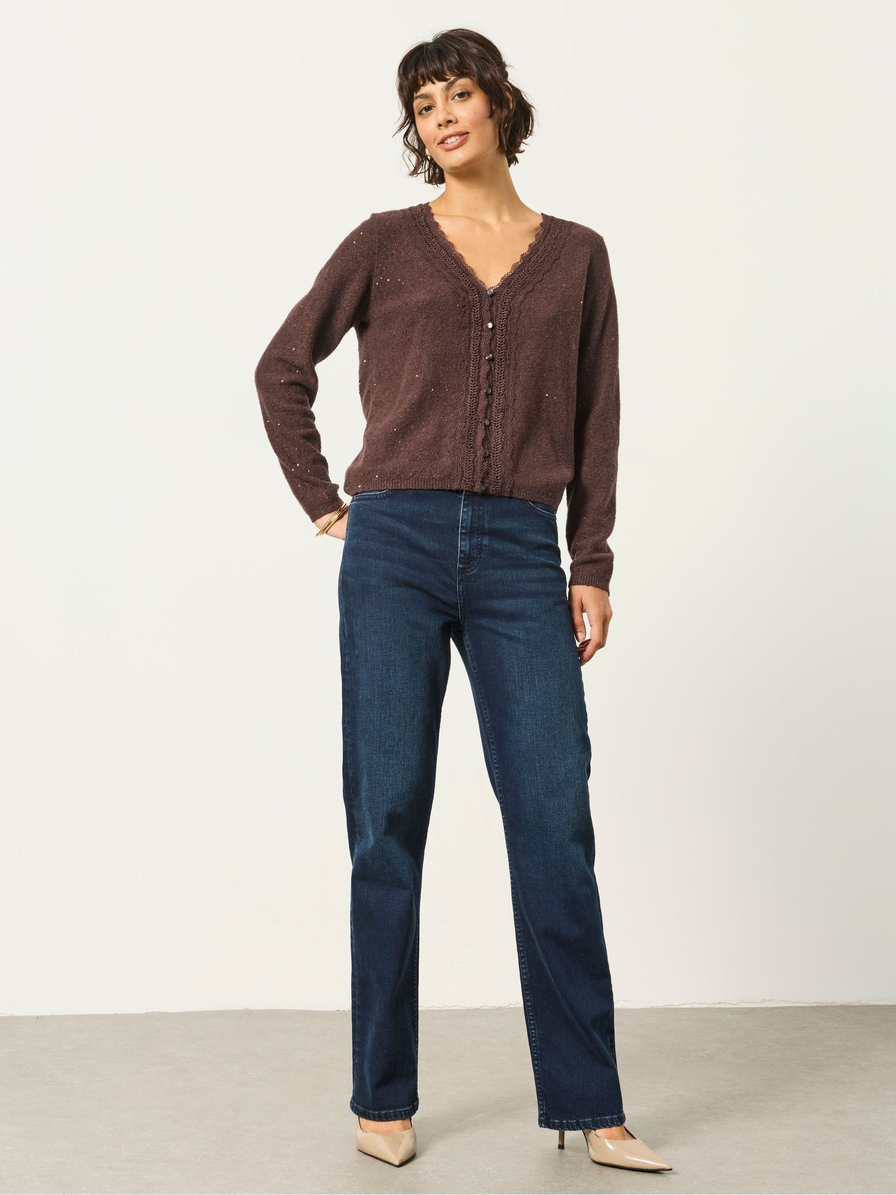 Skylar Chocolate Brown Knitted Sequin Sparkle Lace Cardigan - Image 4 of 6