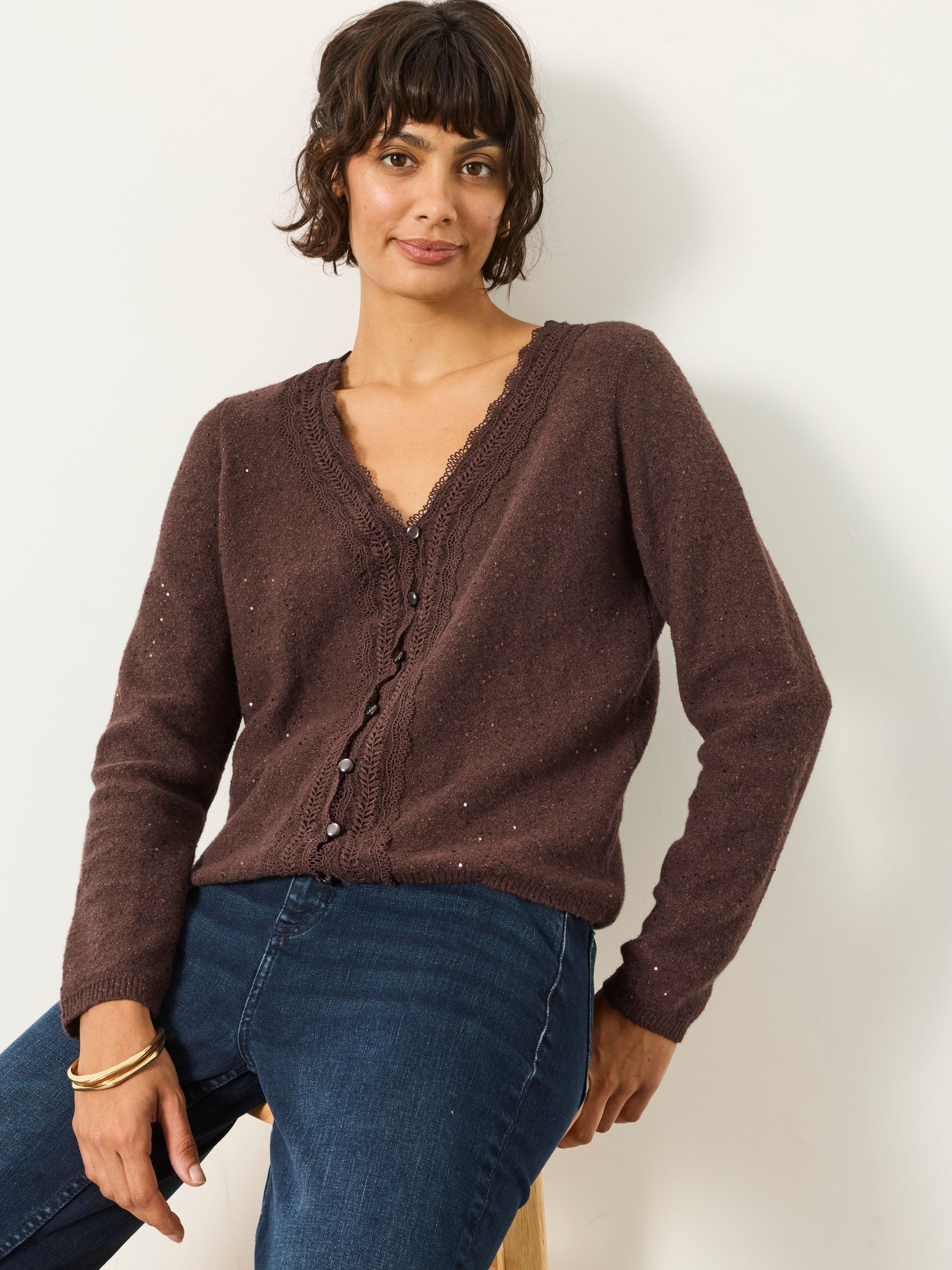 Skylar Chocolate Brown Knitted Sequin Sparkle Lace Cardigan - Image 5 of 6
