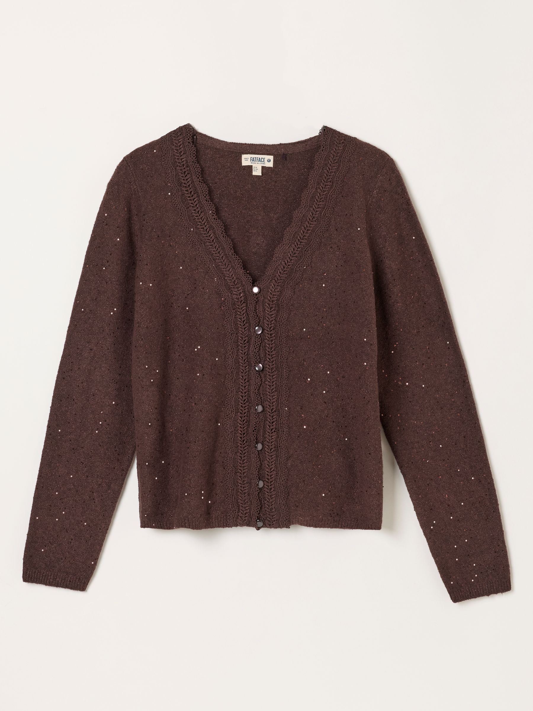 Skylar Chocolate Brown Knitted Sequin Sparkle Lace Cardigan - Image 6 of 6