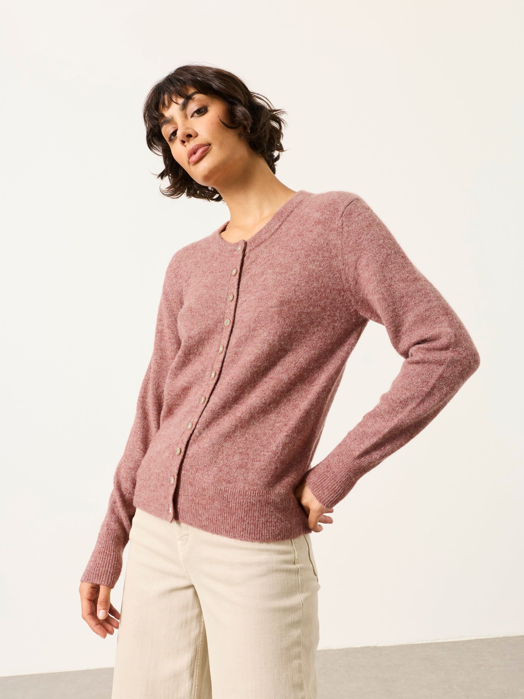 Halle Pink Sparkle Crew Neck Christmas Cardigan - Image 1 of 6