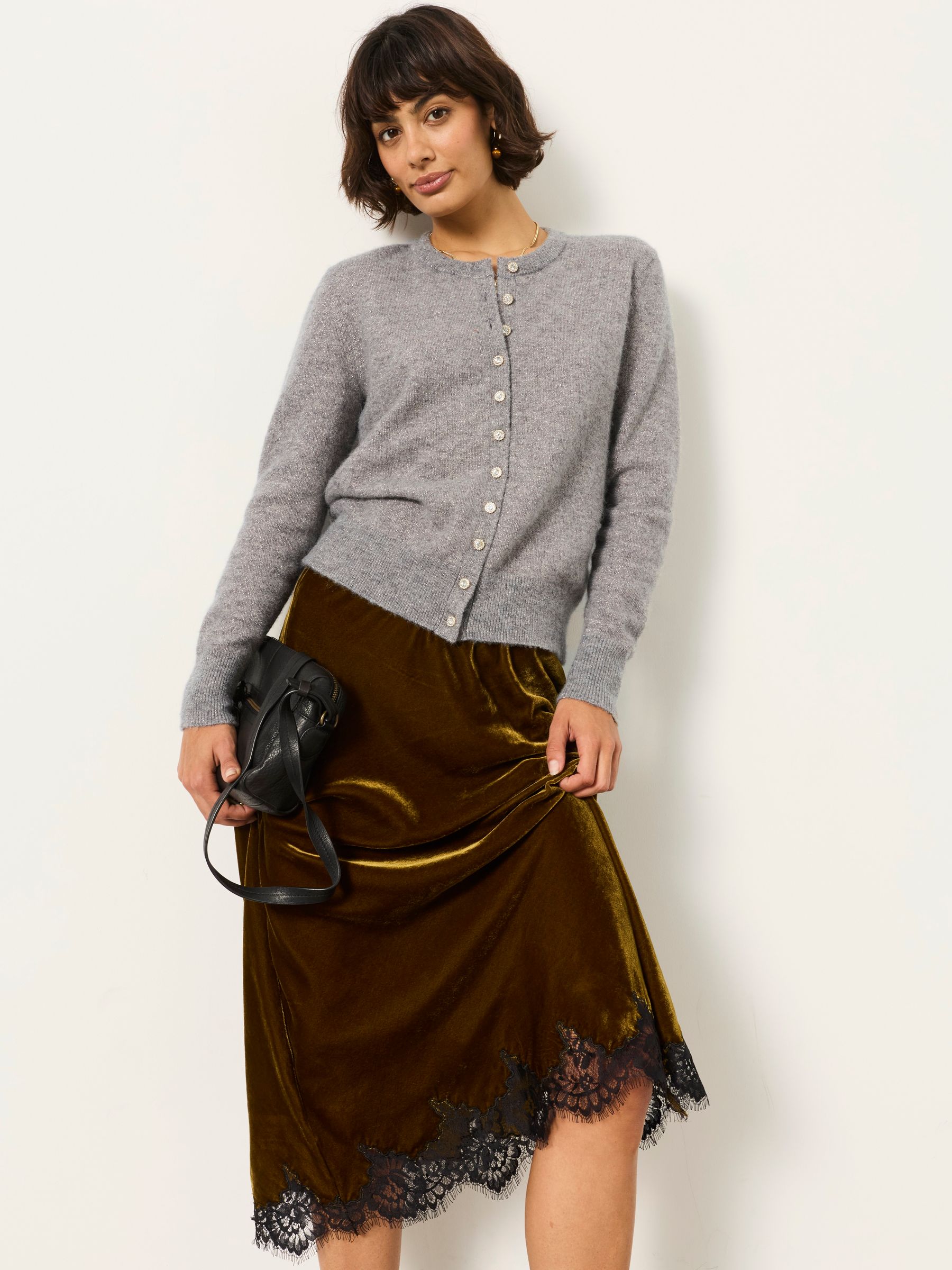 Halle Grey Sparkle Crew Neck Christmas Cardigan - Image 1 of 5 Halle Grey Sparkle Crew Neck Christmas Cardigan - Image 1 of 5