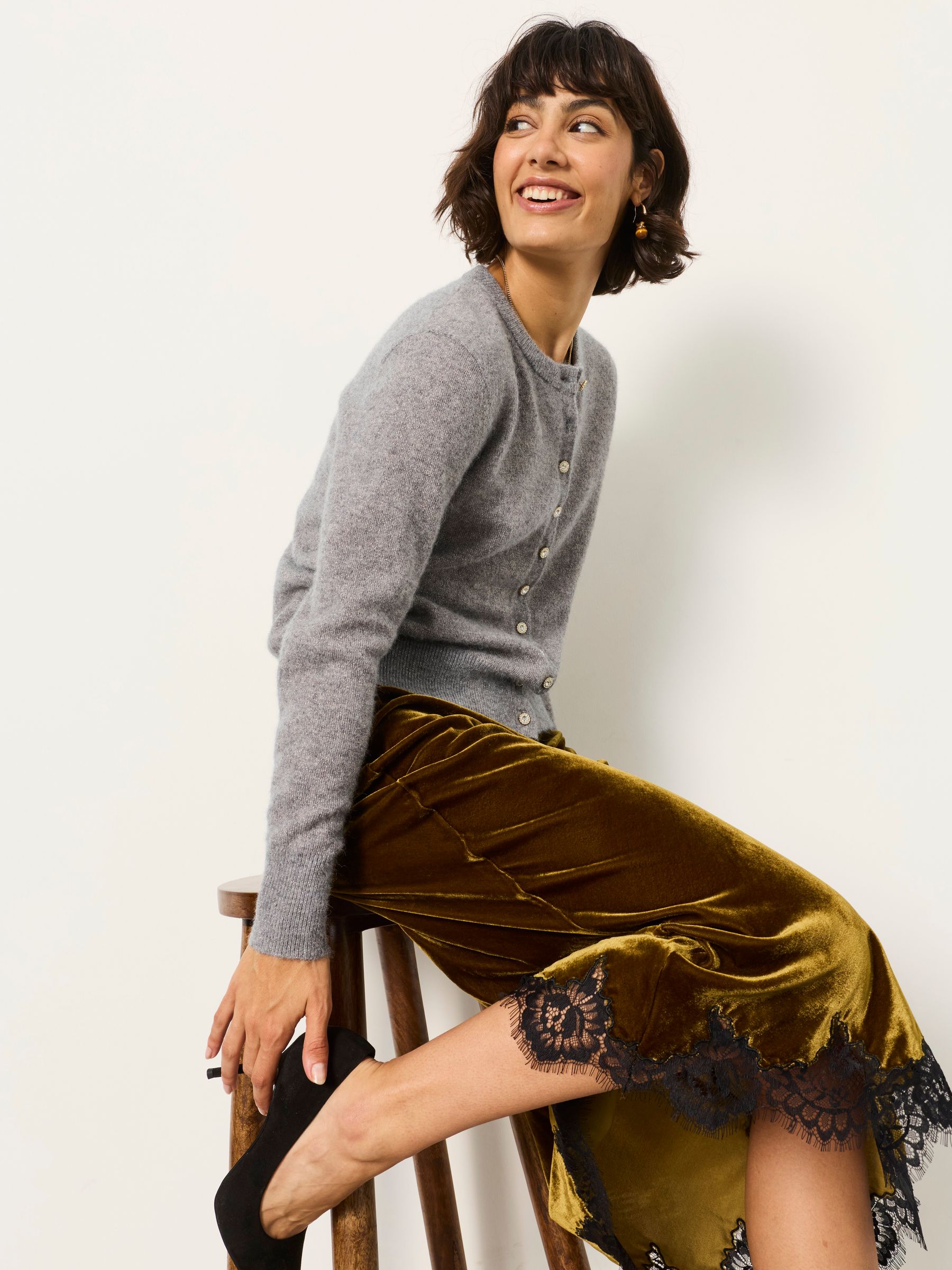 Halle Grey Sparkle Crew Neck Christmas Cardigan - Image 3 of 5