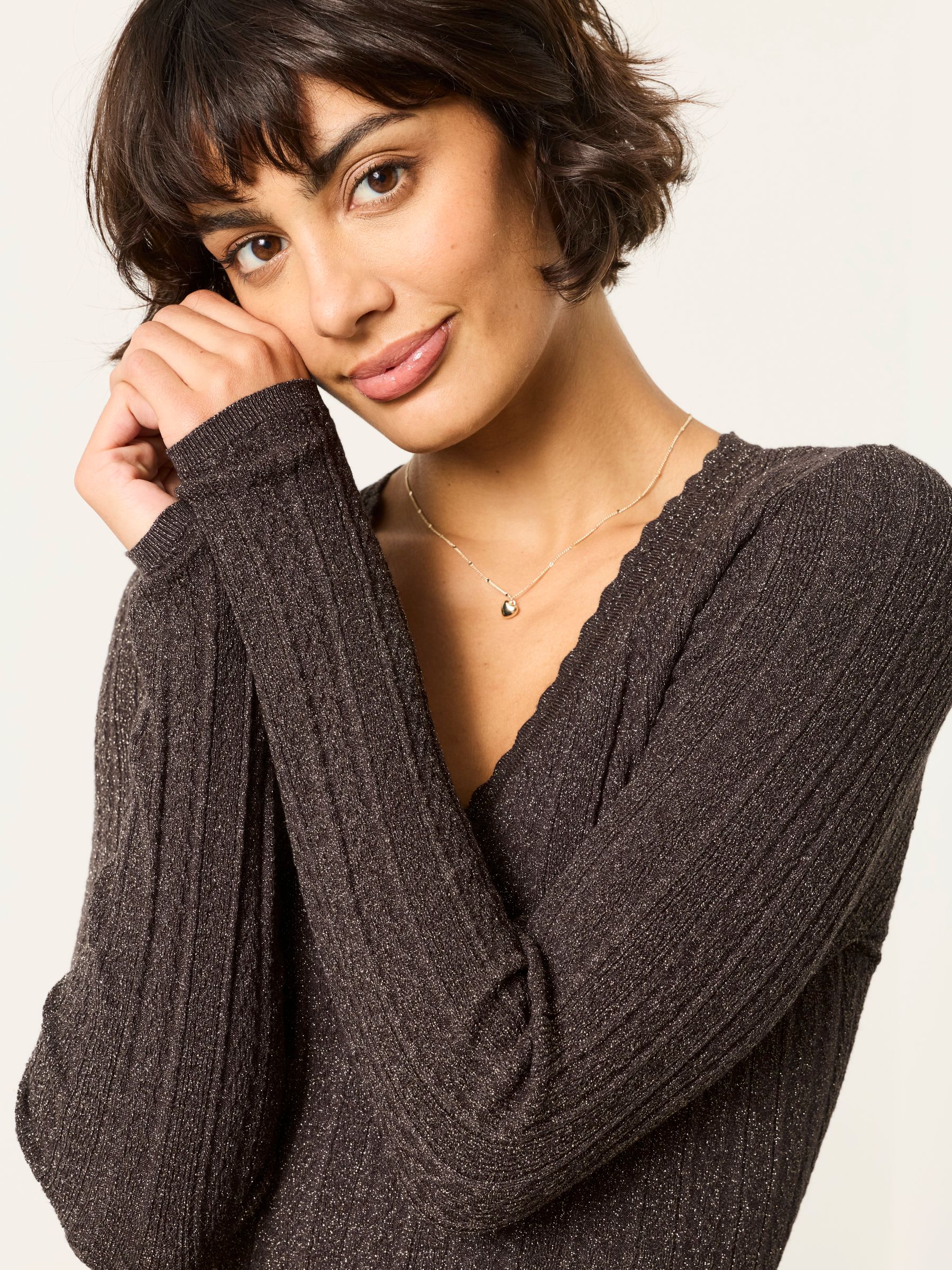 Mae Bronze Knitted Sparkle Vee Top - Image 3 of 7